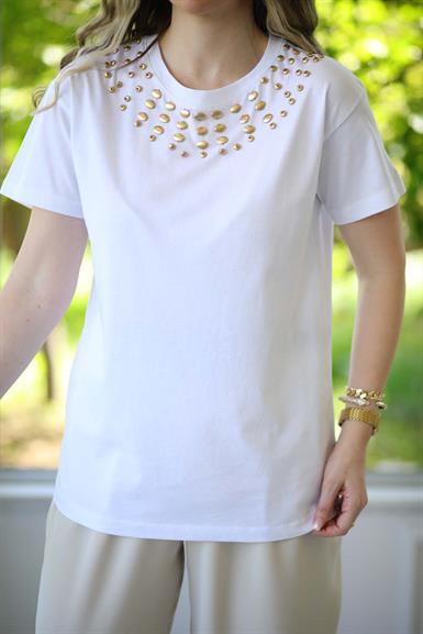 Hamira Yaka Boncuklu T-shirt Beyaz