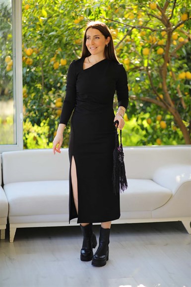 Laces Yırtmaç Detaylı Elbise Siyah