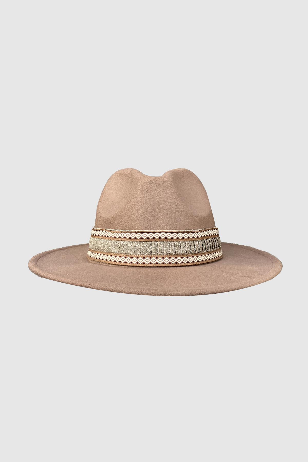 Bohem Dokunuşlu Şeritli Kahve Fedora Şapka