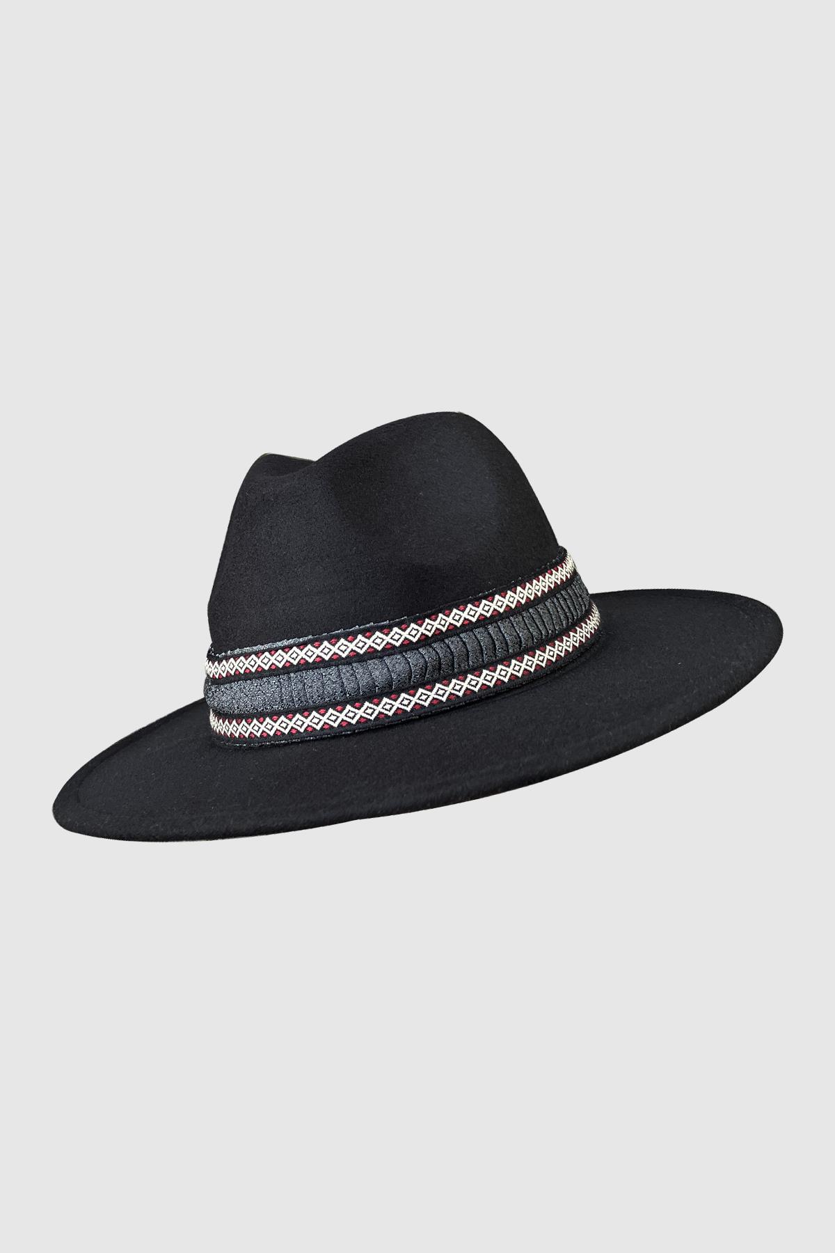 Bohem Dokunuşlu Şeritli Siyah Fedora Şapka