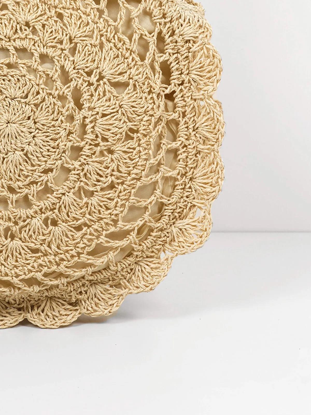 Bohem Örgü Hasır Plaj Çantası Yuvarlak El Yapımı Yazlık Omuz Çantası