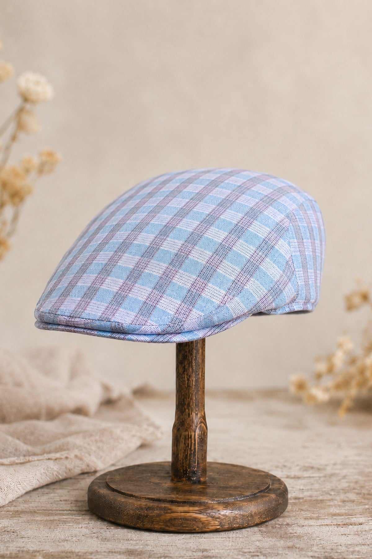 Capri Check Keten Dokulu Slim Fit Kasket – Flat Cap | Riviera Collection