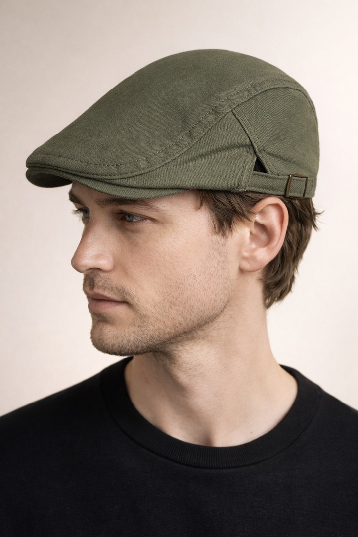 Clean Form Flat Cap – Haki Yeşil Tokalı Kasket