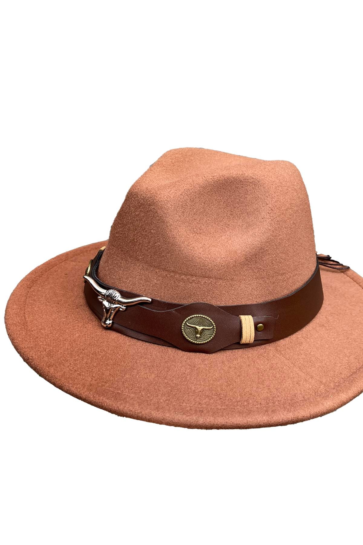 Deri Şeritli Boğa Figürlü Camel Fedora Şapka