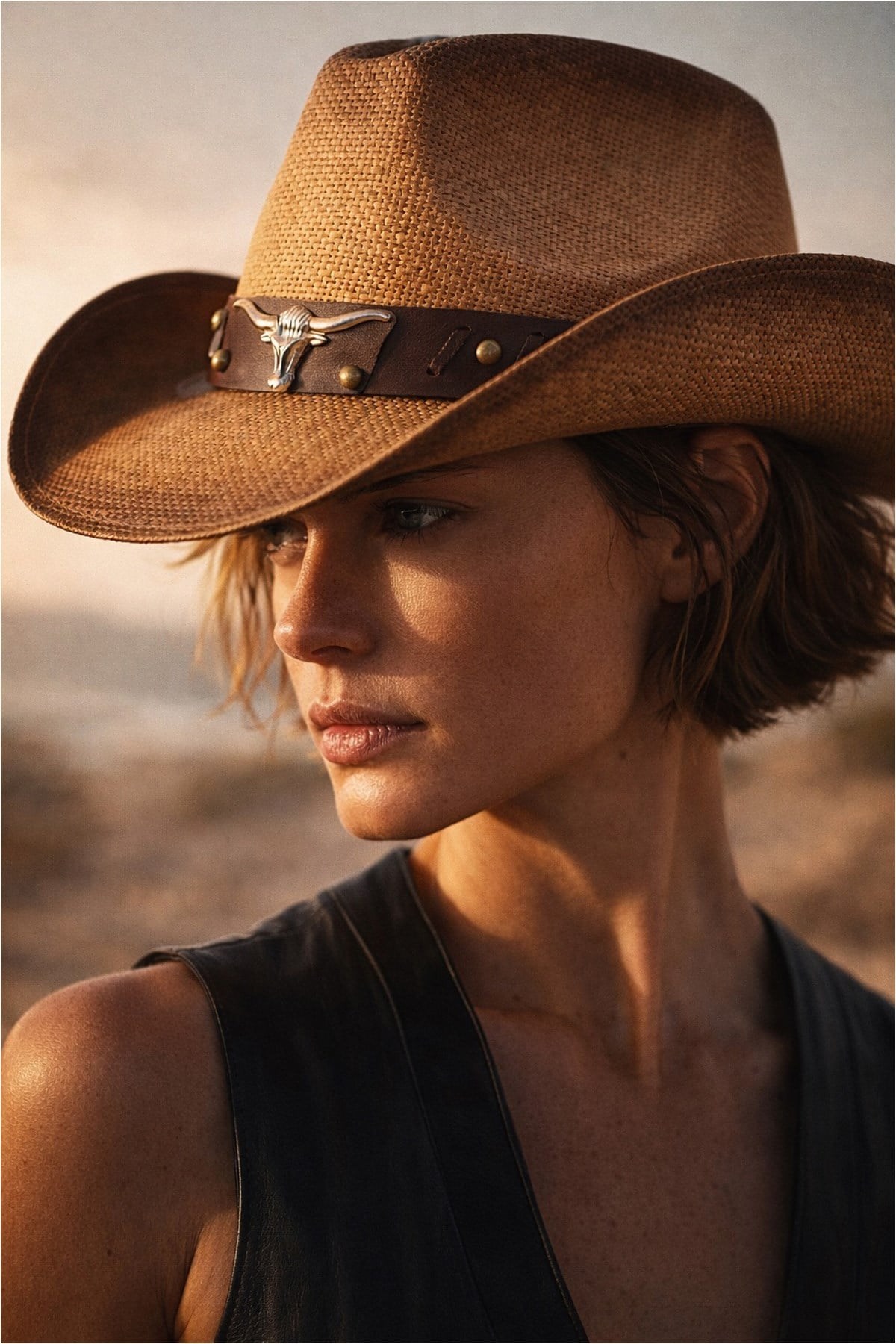 Deri Şeritli Boğa Figürlü Hasır Şapka Premium Classic Western Festival Beach Rave Hat