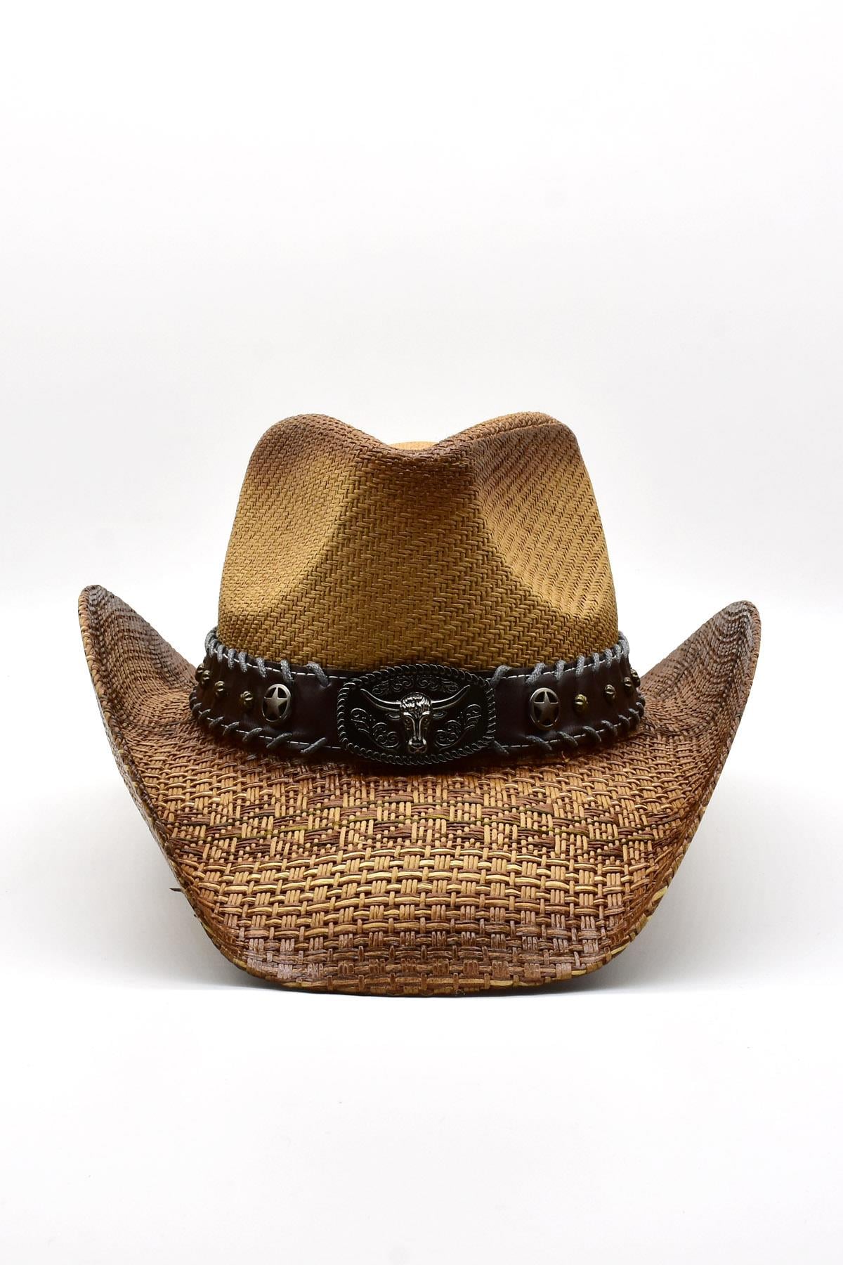 Deri Şeritli Boğa Figürlü Hasır Şapka Premium Classic Western Festival Beach Rave Hat