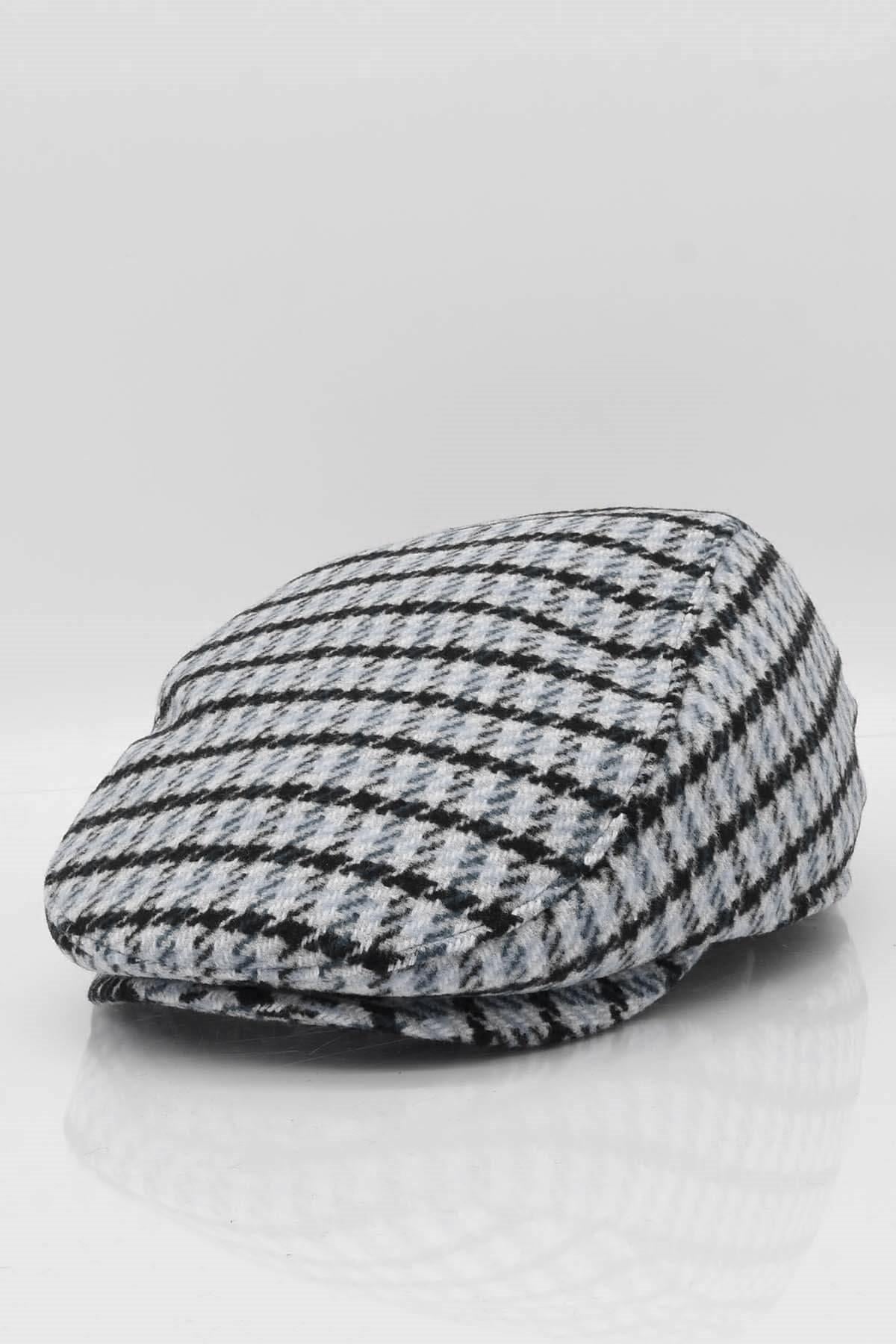 Desenli Ekru Erkek Kasket Driver Şapka Flat Cap