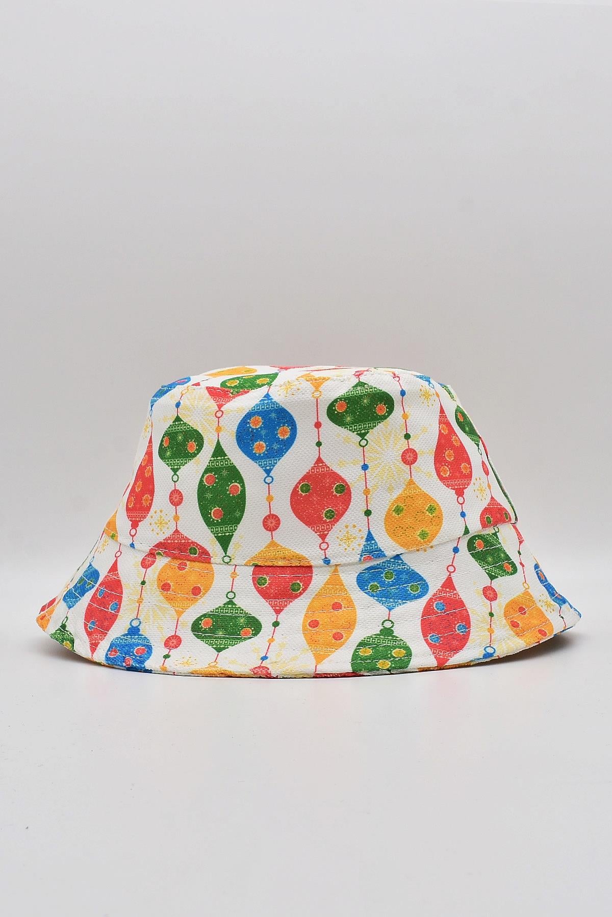 Desenli Kova Balıkçı Şapka Bucket Hat-Beyaz
