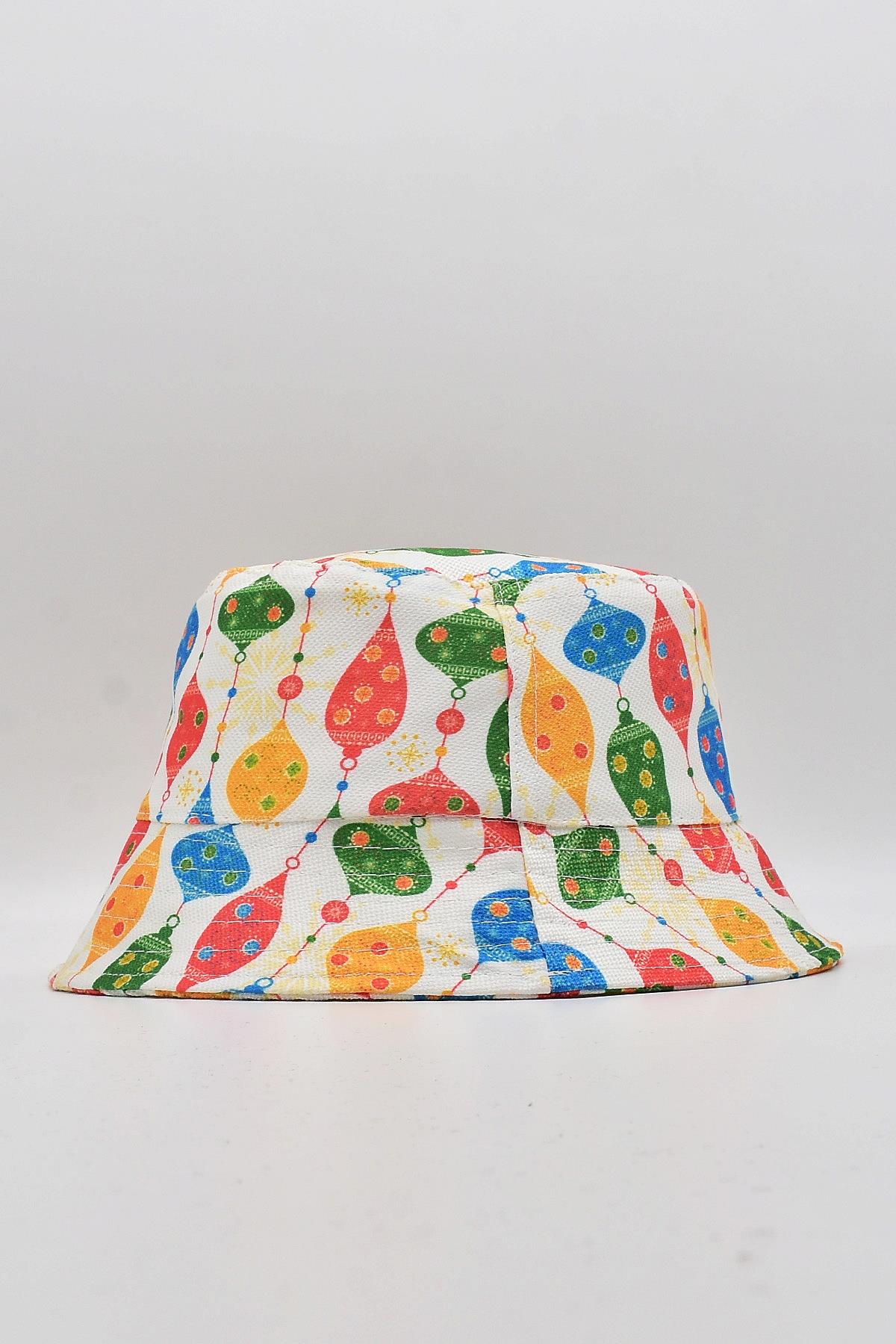 Desenli Kova Balıkçı Şapka Bucket Hat-Beyaz