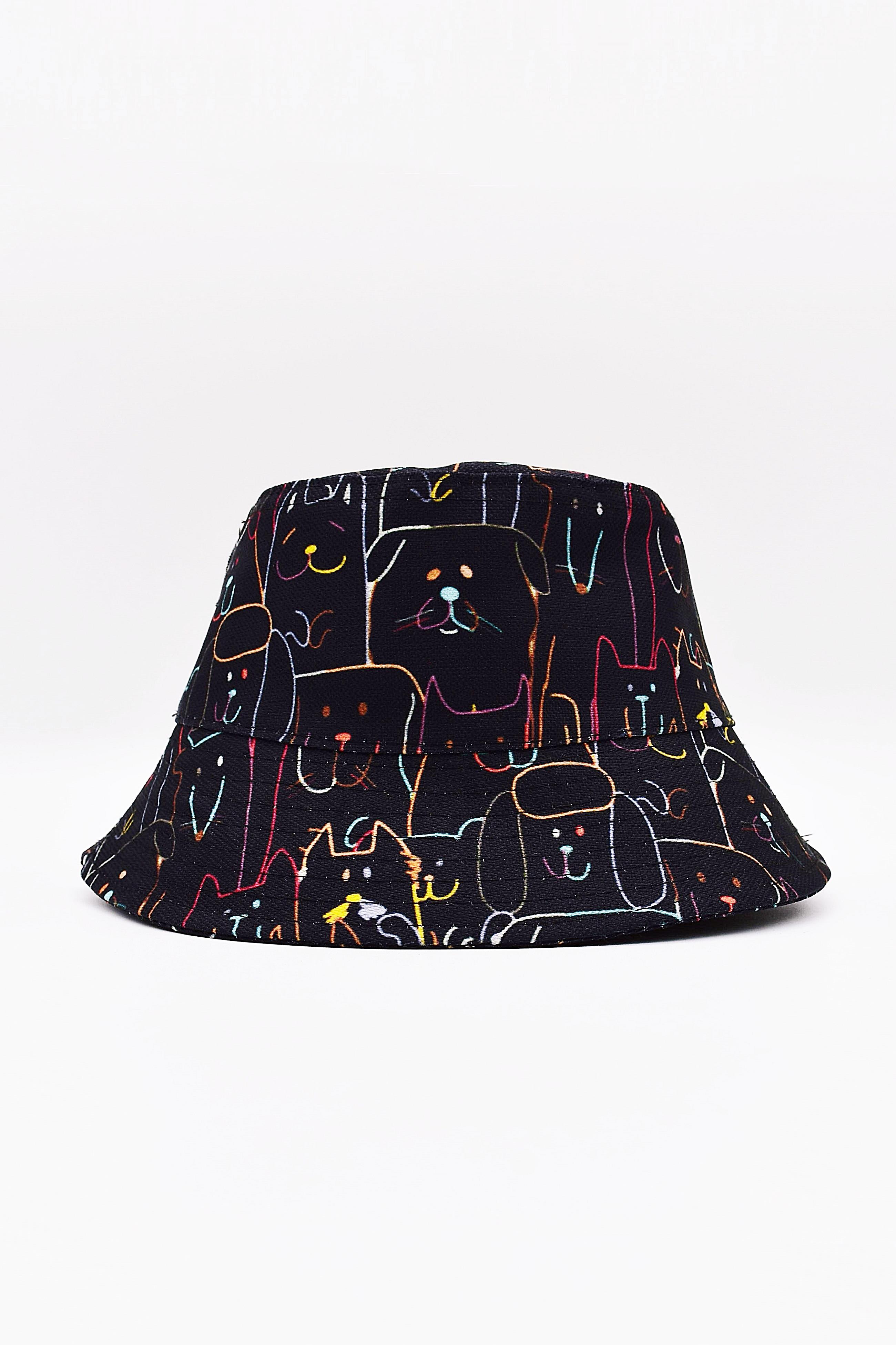 Desenli Kova Balıkçı Şapka Bucket Hat Siyah