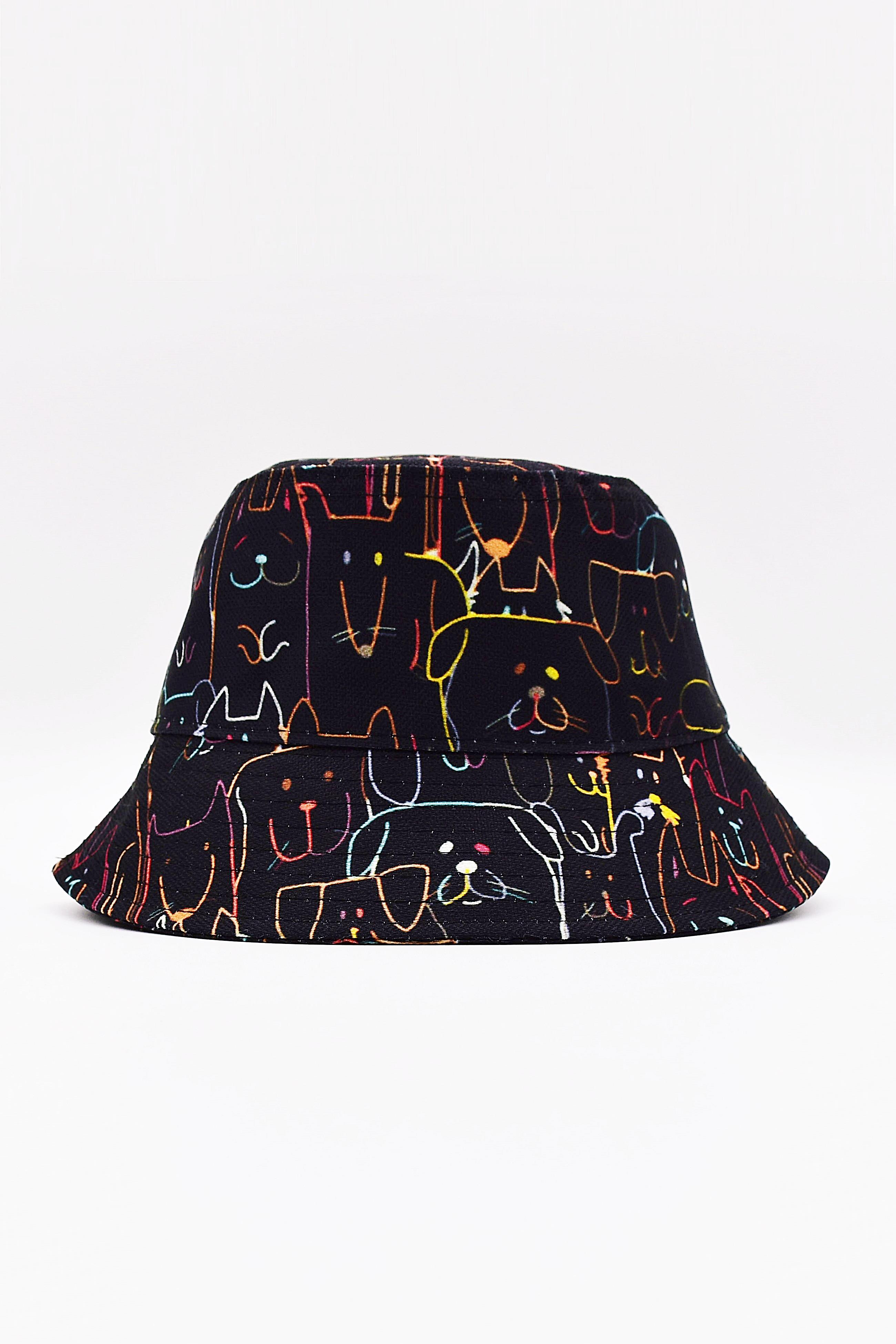 Desenli Kova Balıkçı Şapka Bucket Hat Siyah
