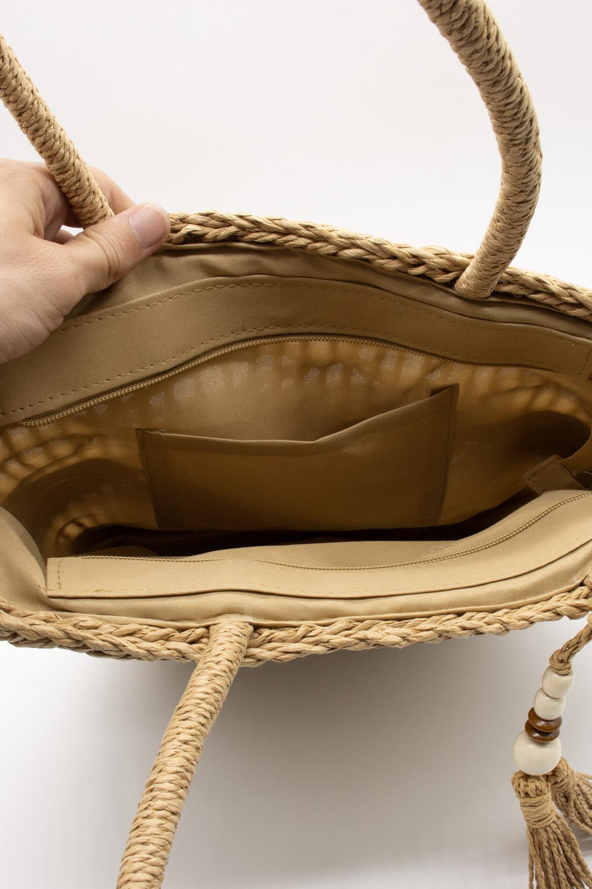 El Örgüsü Püskül Detay Rattan Plaj Çantası - Camel