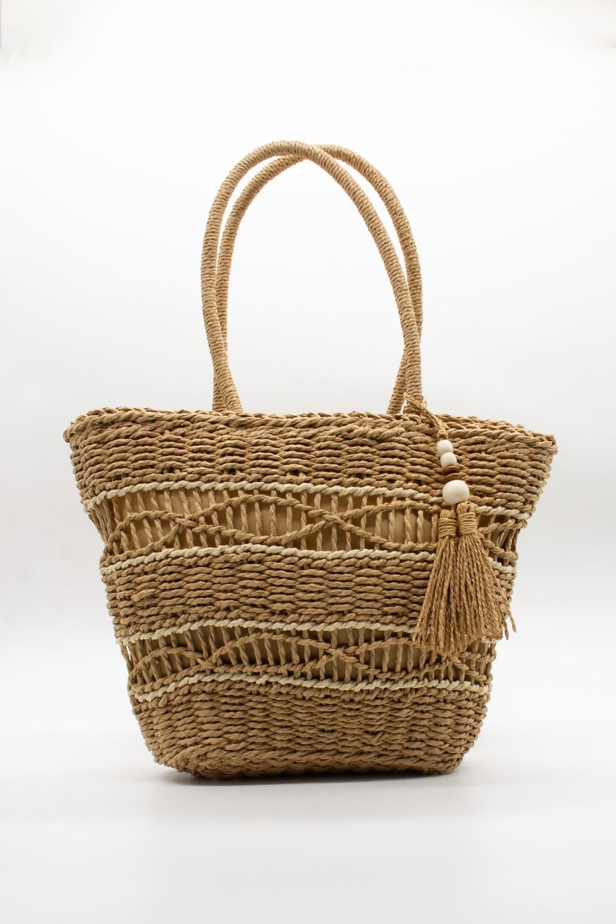 El Örgüsü Püskül Detay Rattan Plaj Çantası - Camel