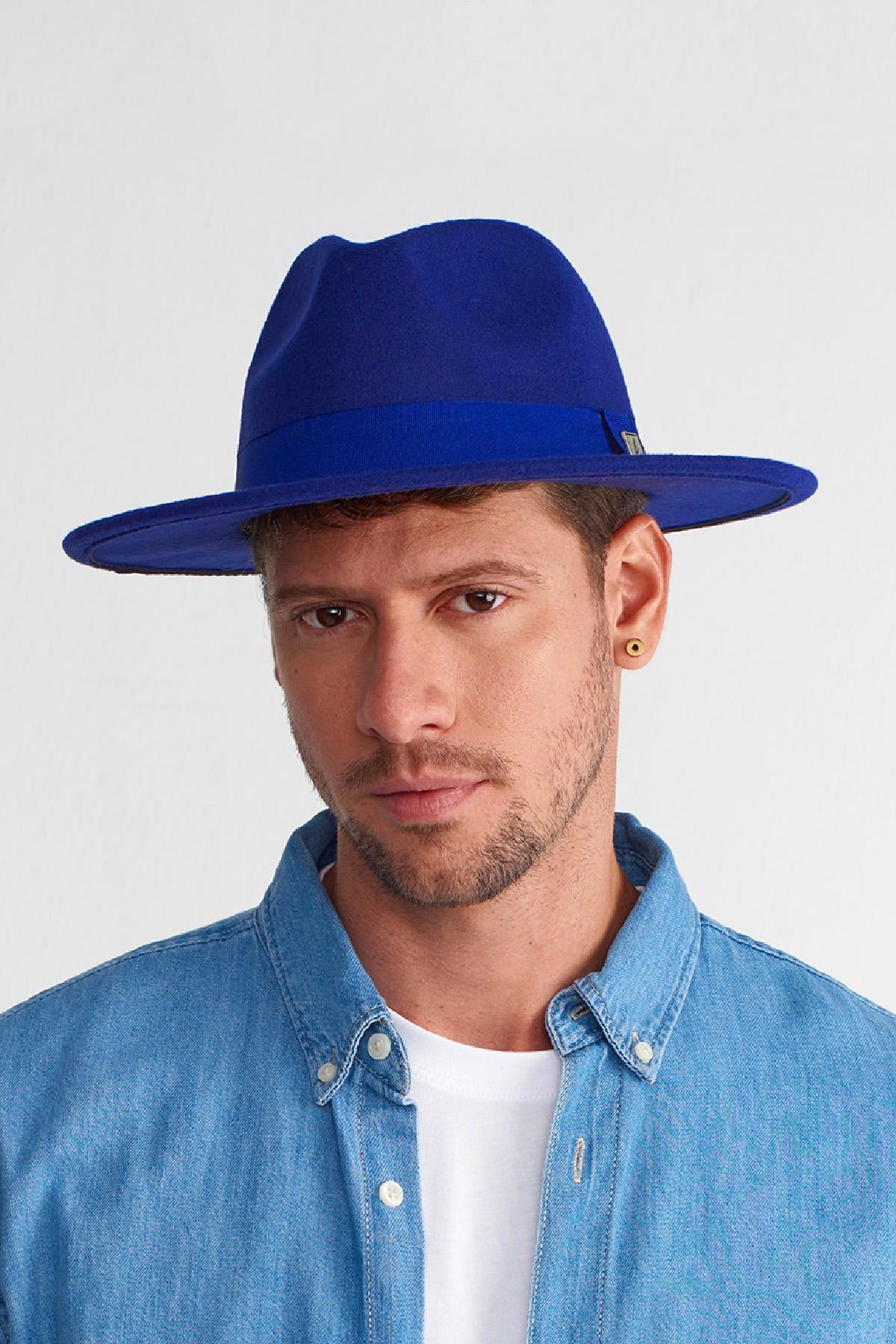 Mens Adjustable Saks Blue Fedora Hat