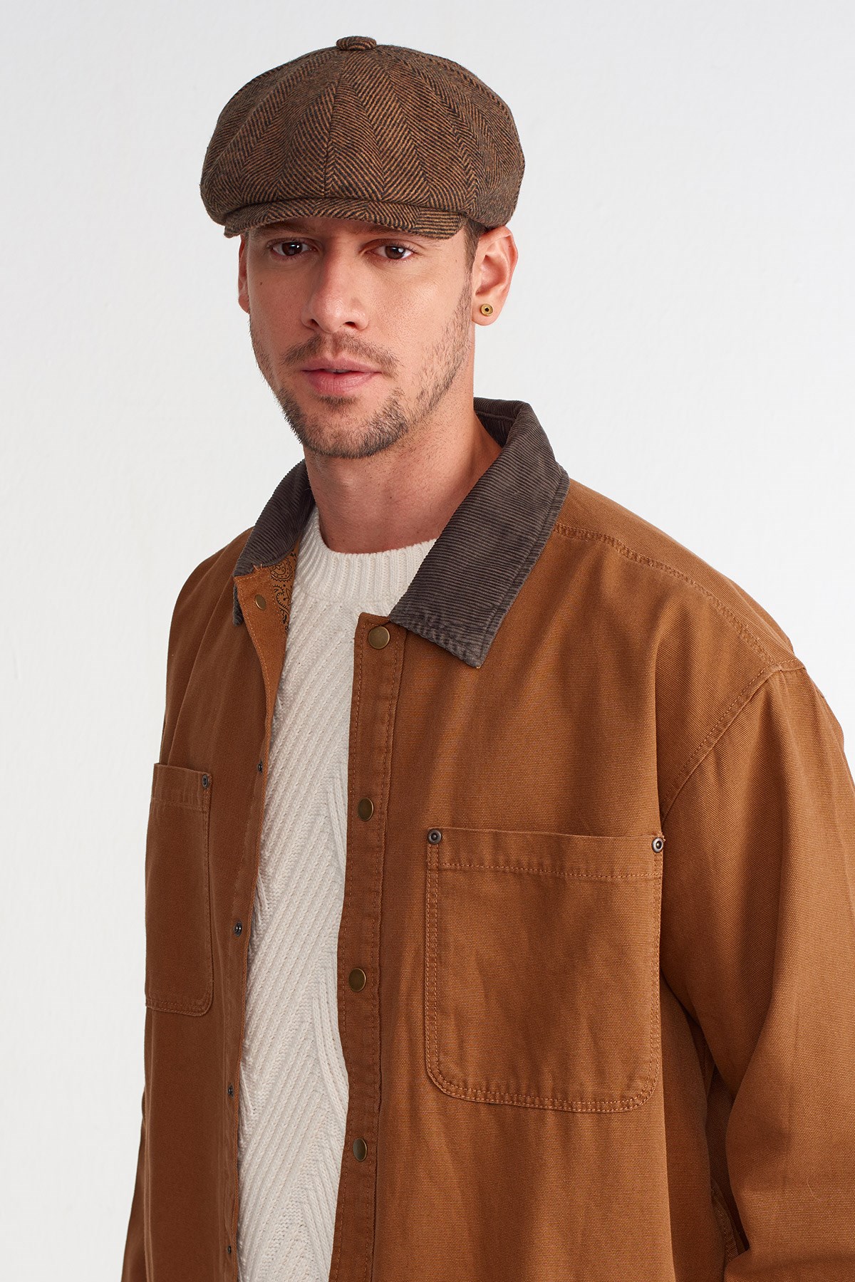 Mens Camel Herringbone Flat Cap 8 Piece Peaky Blinders Hat