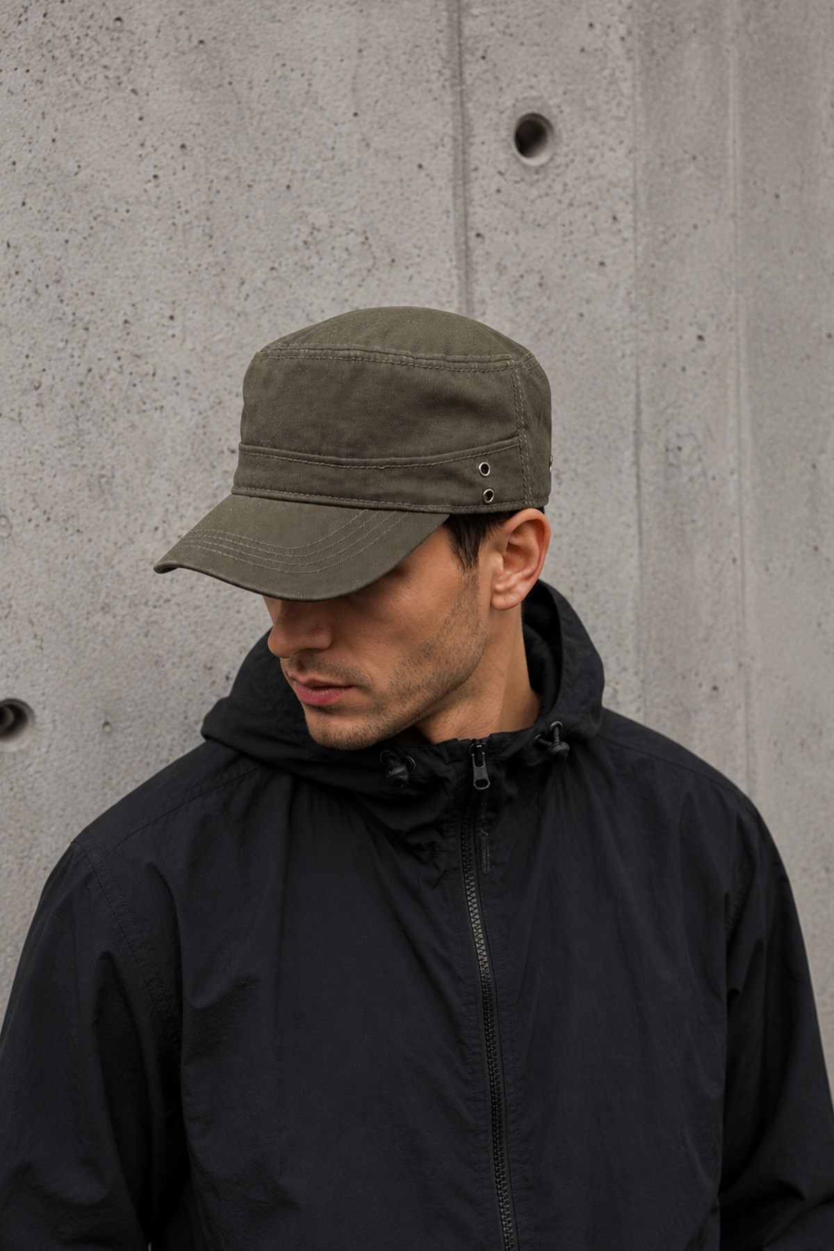 Mens Denim Fidel Castro Hat Eyelet Detailed Flat Cap - Khaki