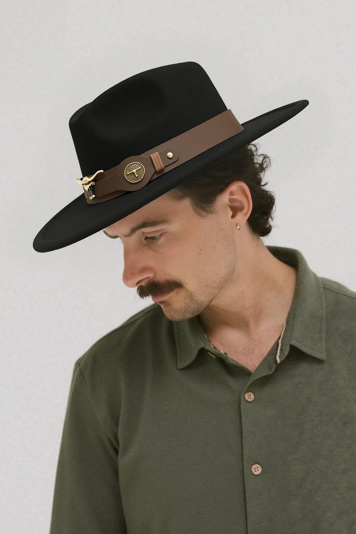 Erkek Deri Kemerli Boğa Figürlü Siyah Fedora Şapka