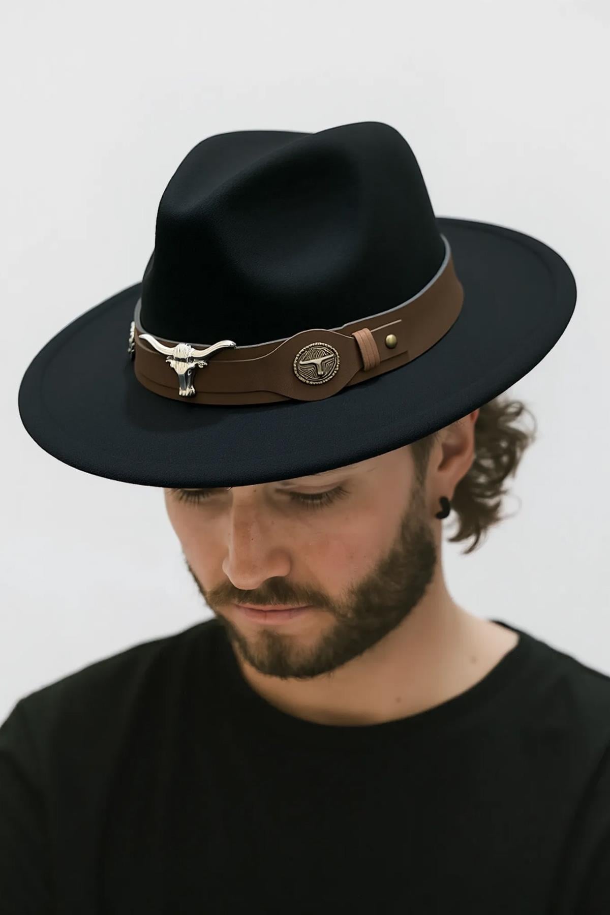 Erkek Deri Kemerli Boğa Figürlü Siyah Fedora Şapka
