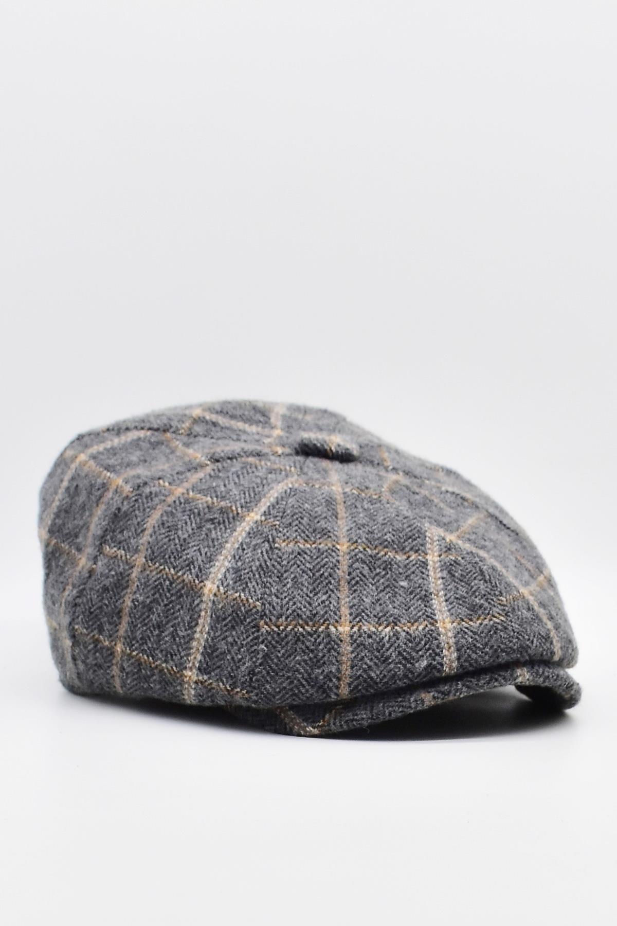 Erkek İngiliz Premium Newsboy Ekose Kasket-Gri Siyah