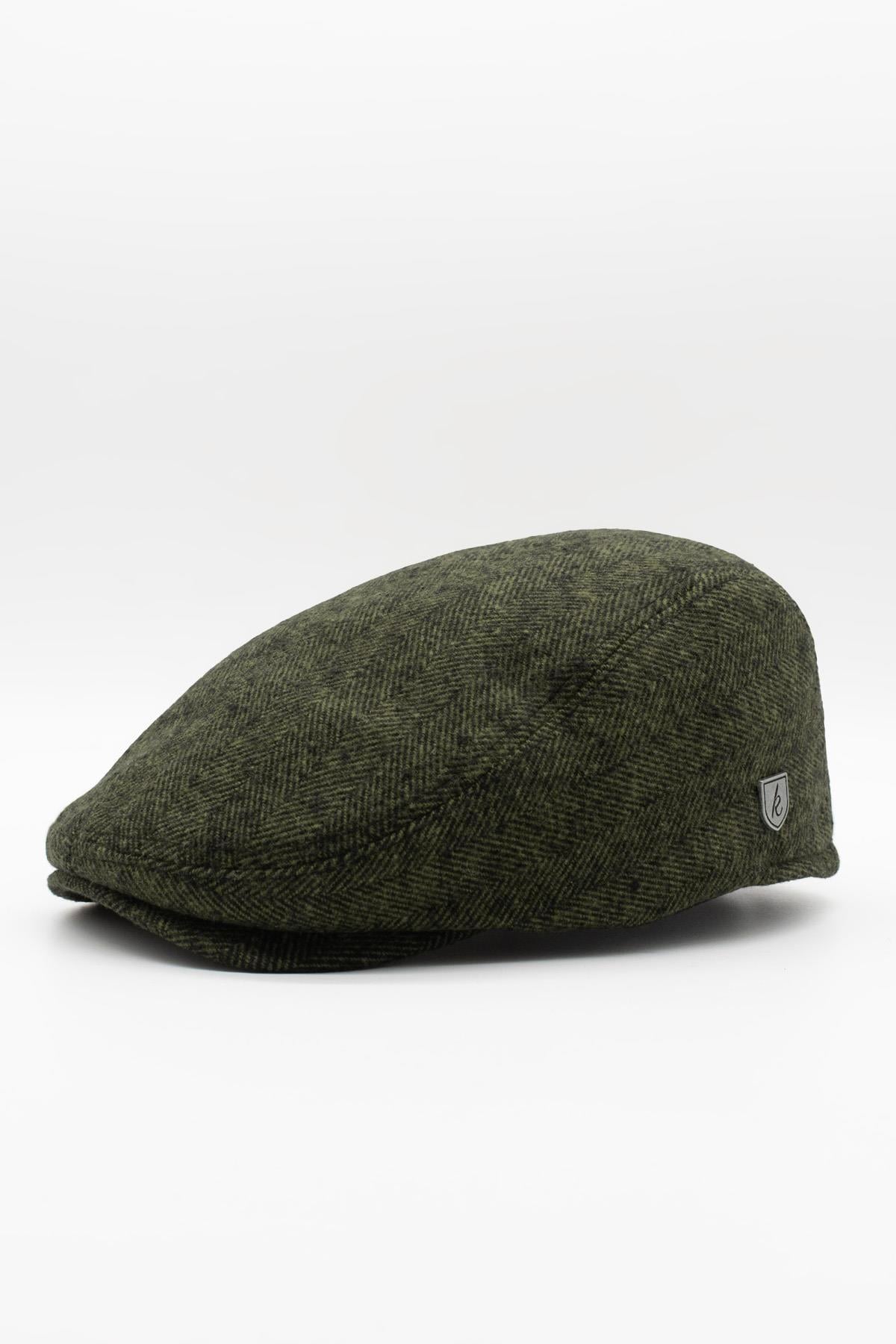 Erkek Kasket Balıksırtı Flat Cap Termal Yün Şapka-Haki