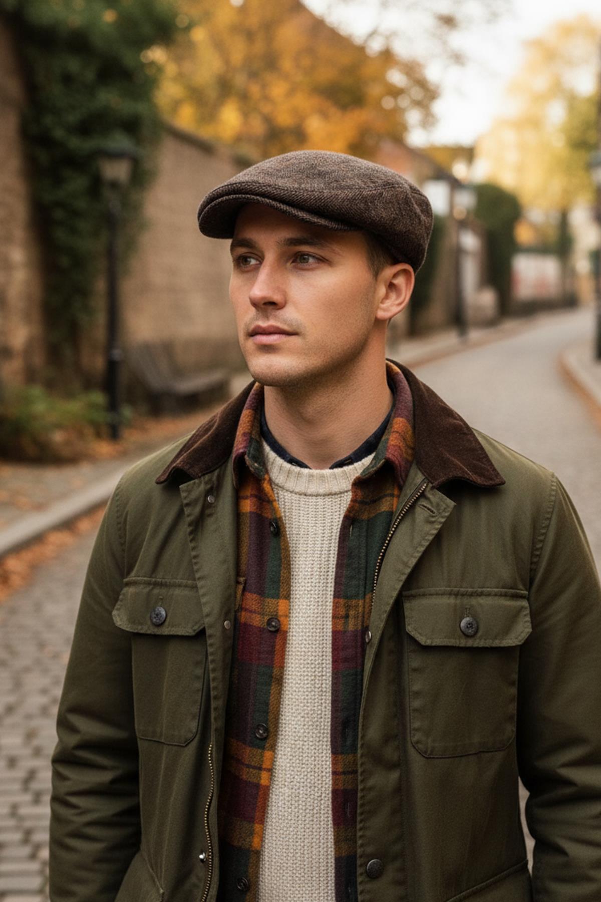 Erkek Kasket Balıksırtı Flat Cap Termal Yün Şapka-Camel
