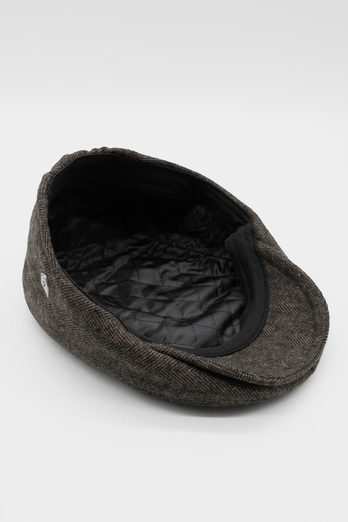 Erkek Kasket Balıksırtı Flat Cap Termal Yün Şapka-Camel