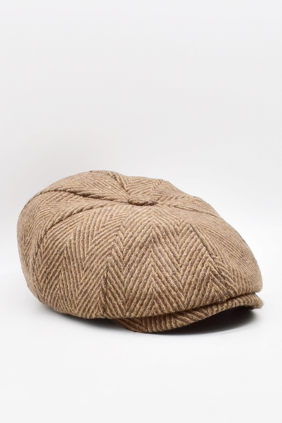 Mens Flat Cap Peaky Blinders Herringbone Patterned Winter Hat-Brown