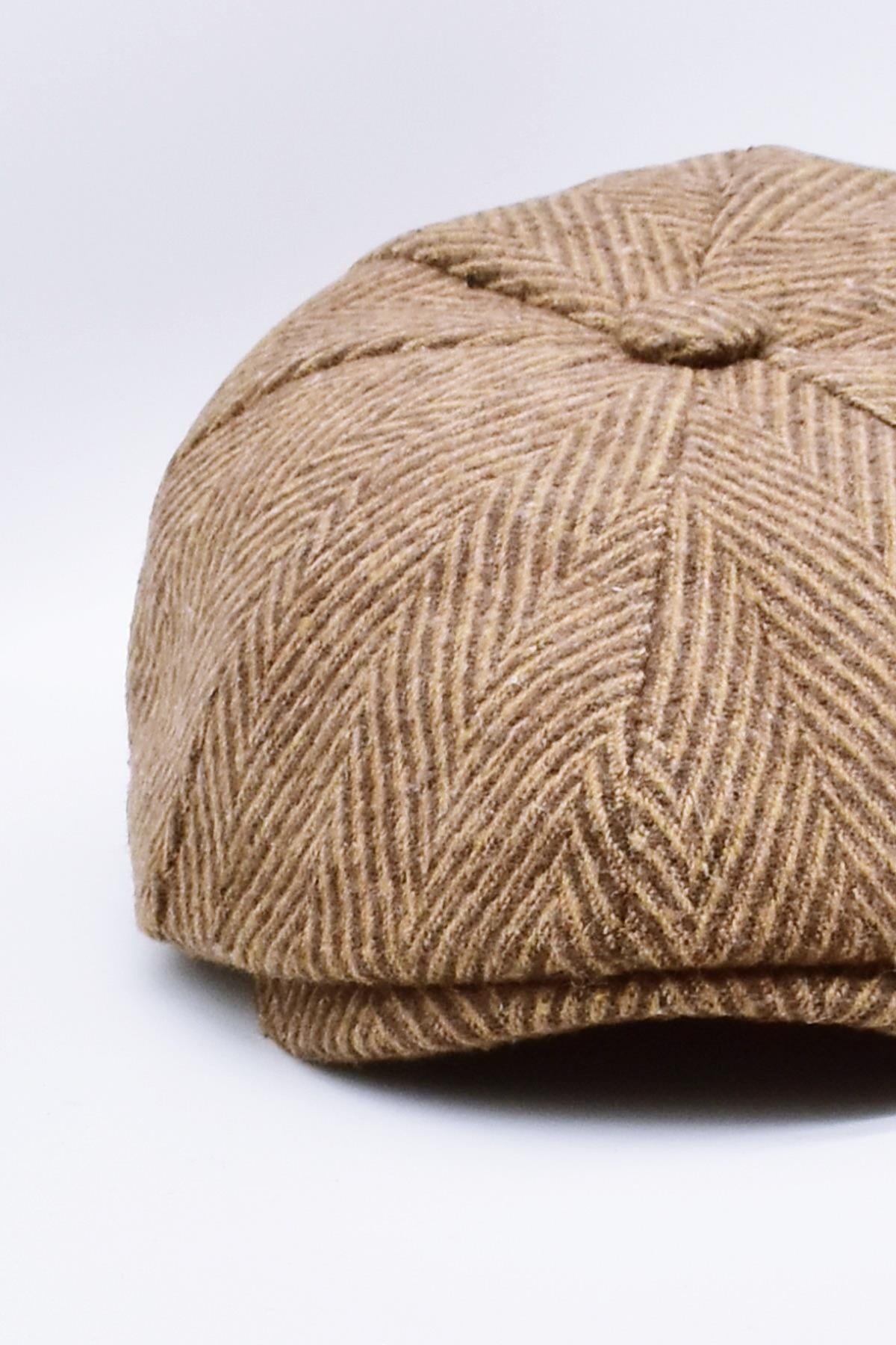 Mens Flat Cap Peaky Blinders Herringbone Patterned Winter Hat-Brown