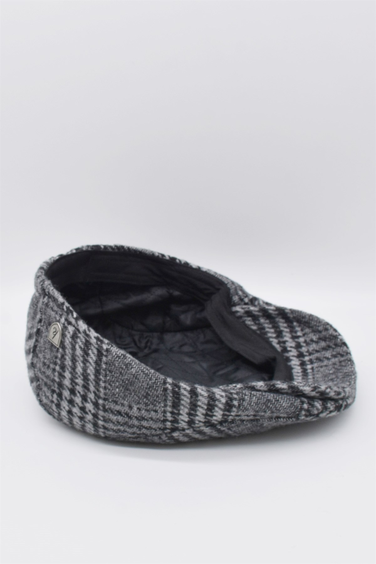Mens Houndstooth Patterned Winter Flat Cap Hat Grey-Black