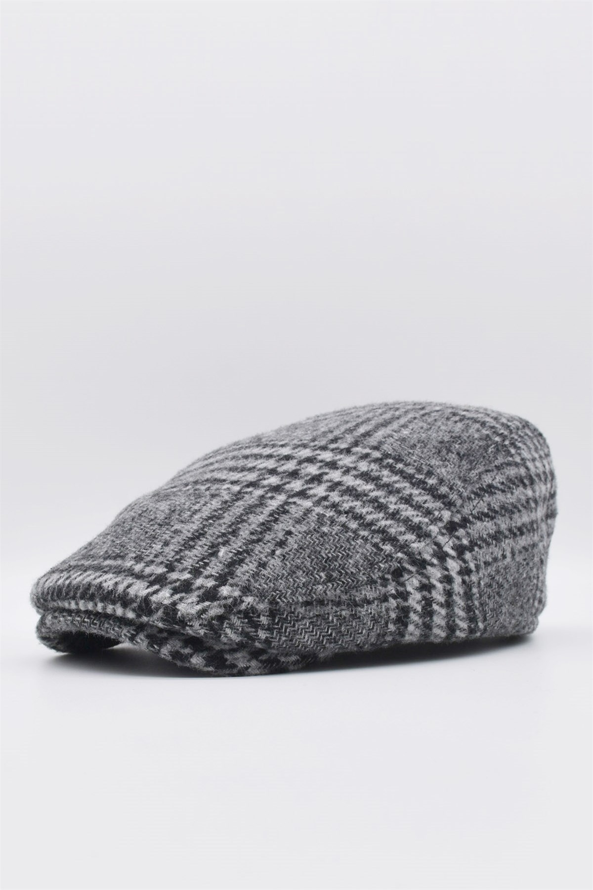 Mens Houndstooth Patterned Winter Flat Cap Hat Grey-Black