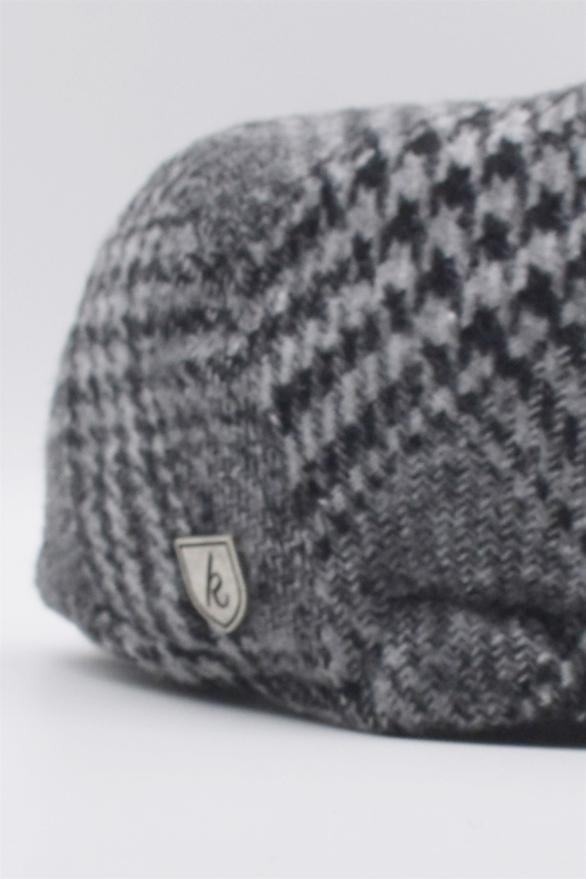 Mens Houndstooth Patterned Winter Flat Cap Hat Grey-Black