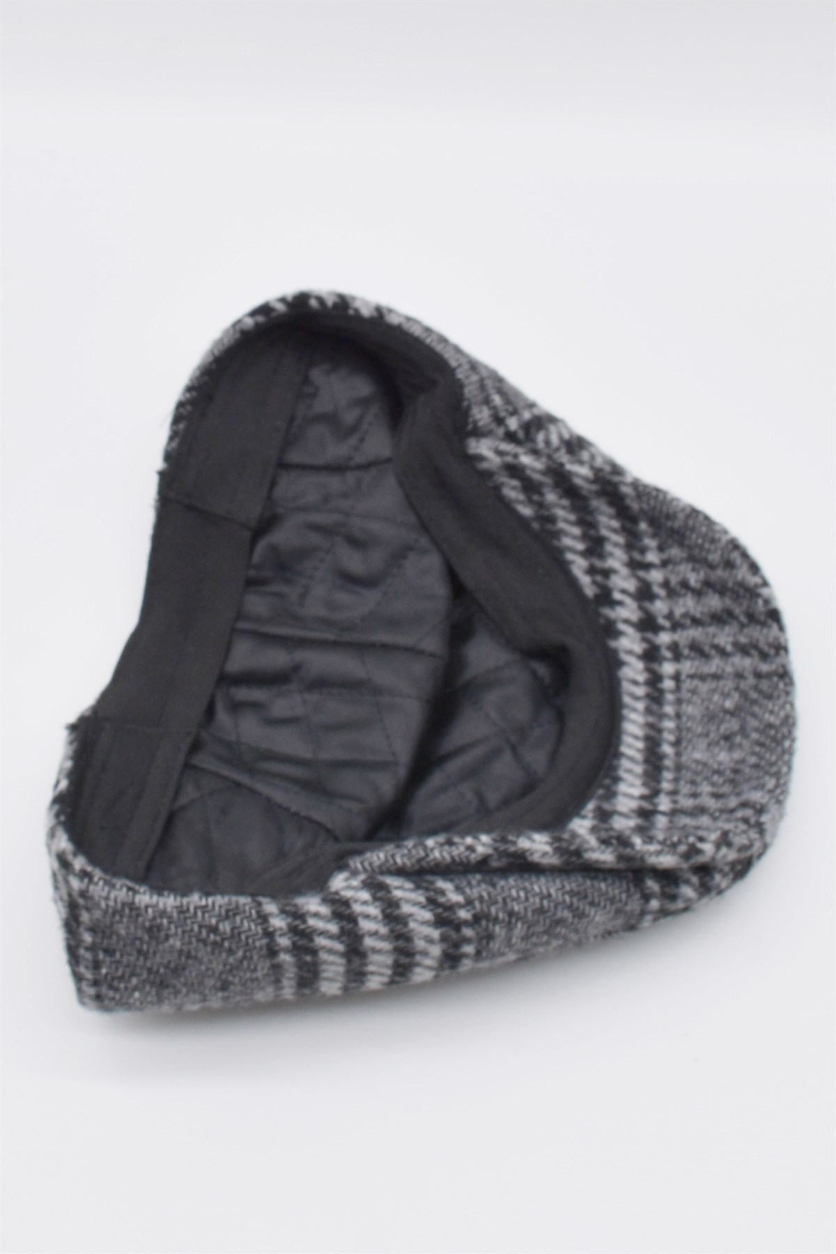 Mens Houndstooth Patterned Winter Flat Cap Hat Grey-Black