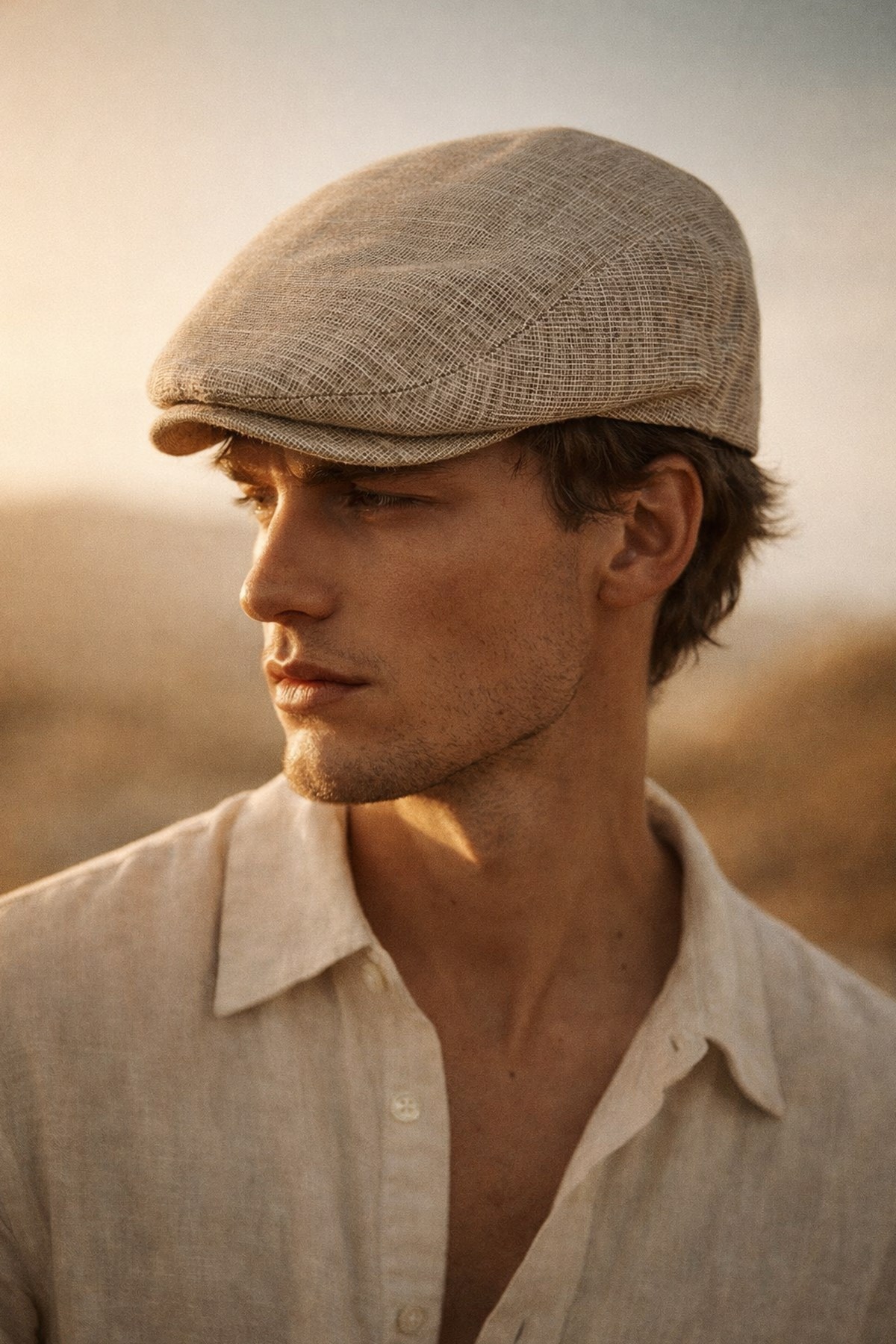 Erkek Keten Premium Bej Şapka Yazlık Flat Cap Kasket