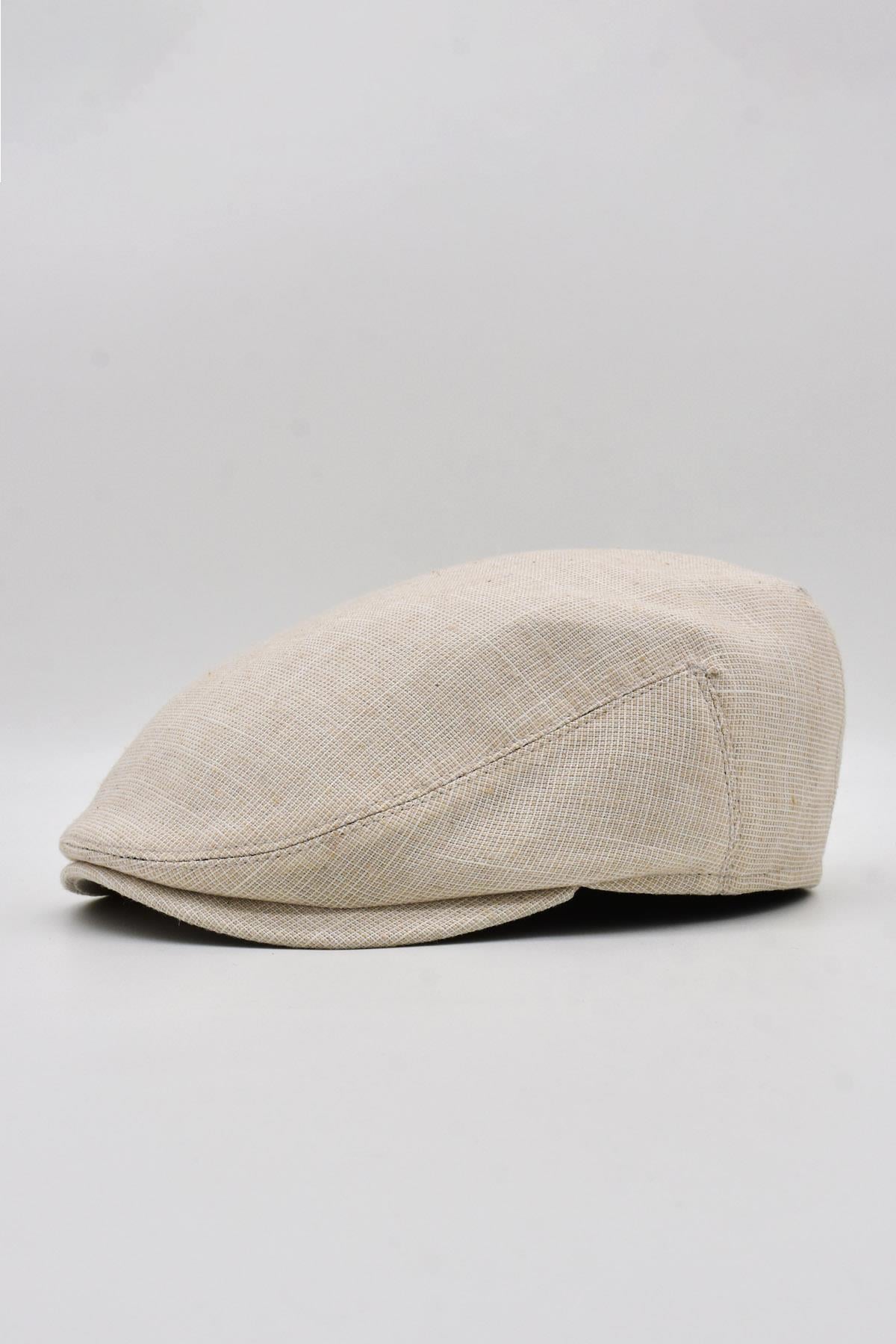 Erkek Keten Premium Krem Şapka Yazlık Flat Cap Kasket