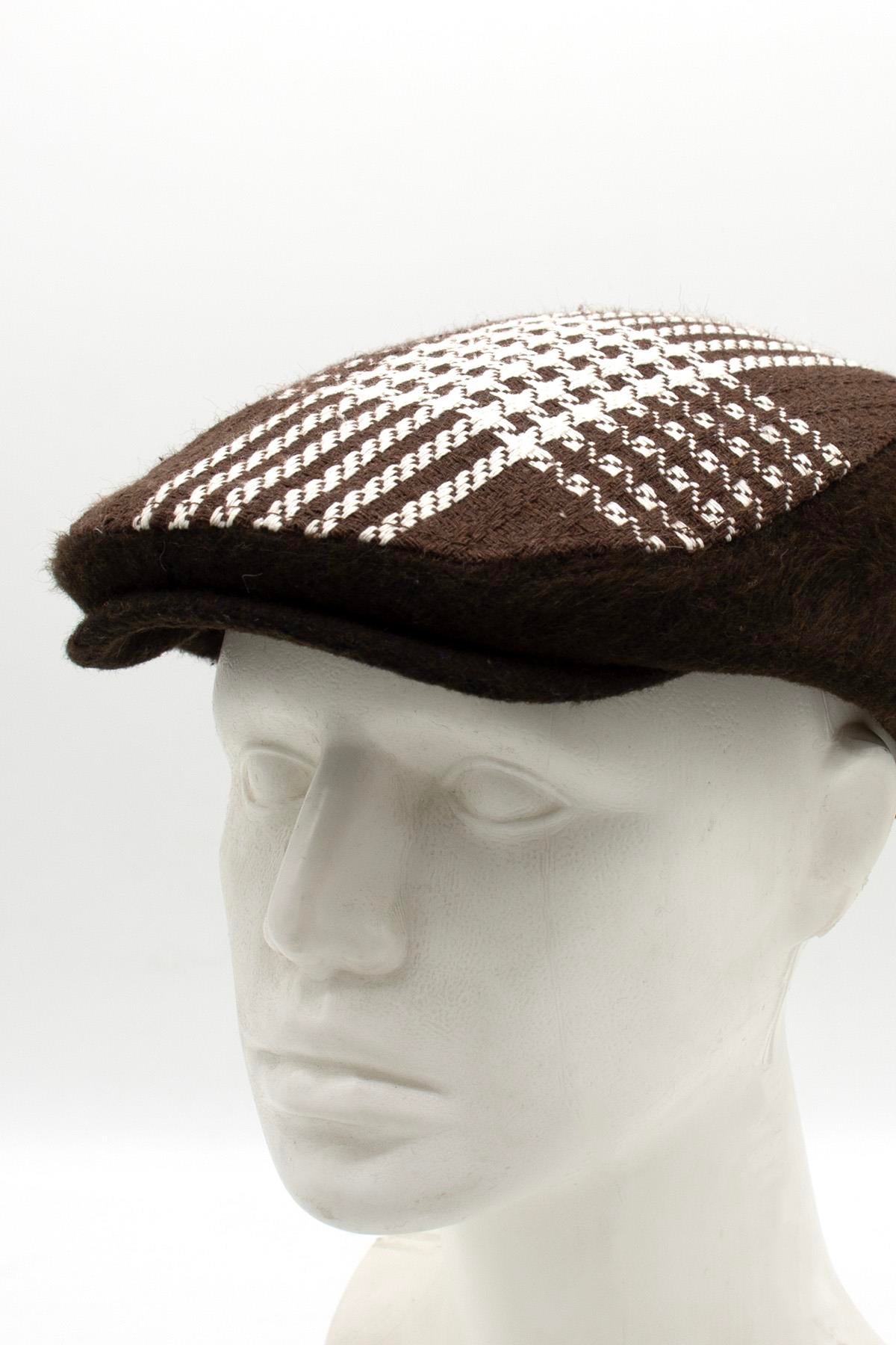 Erkek Kışlık Flat Cap Desenli Yünlü Kasket Şapka