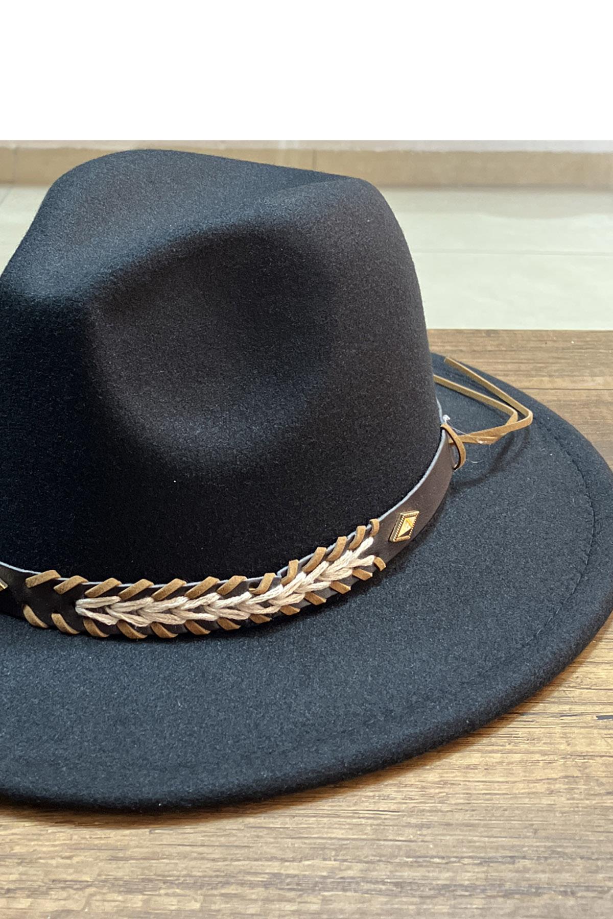 Etnik Şeritli Bohem Fedora Şapka - Siyah