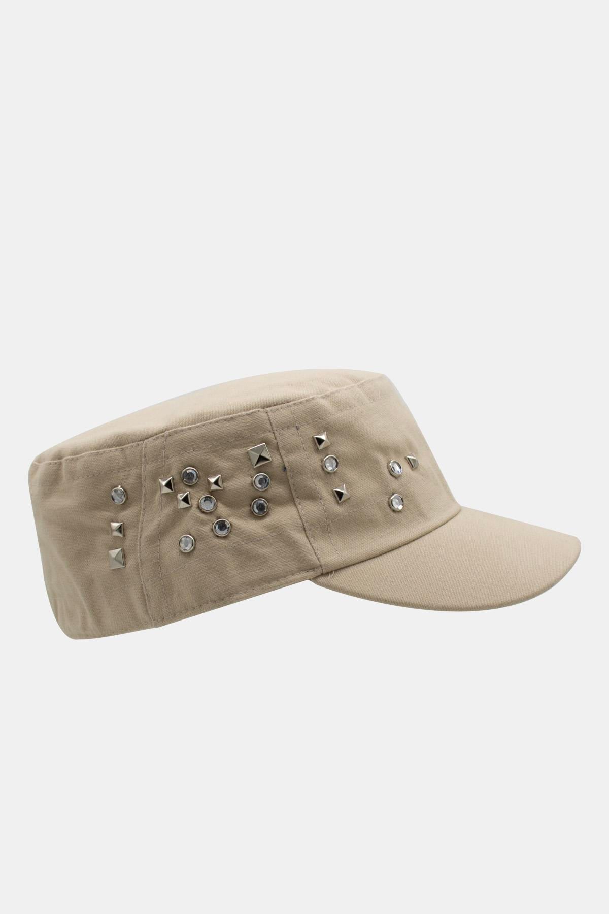 Kadın Asker Stili Bej Taşlı Tasarım Şapka Full Cap 57cm