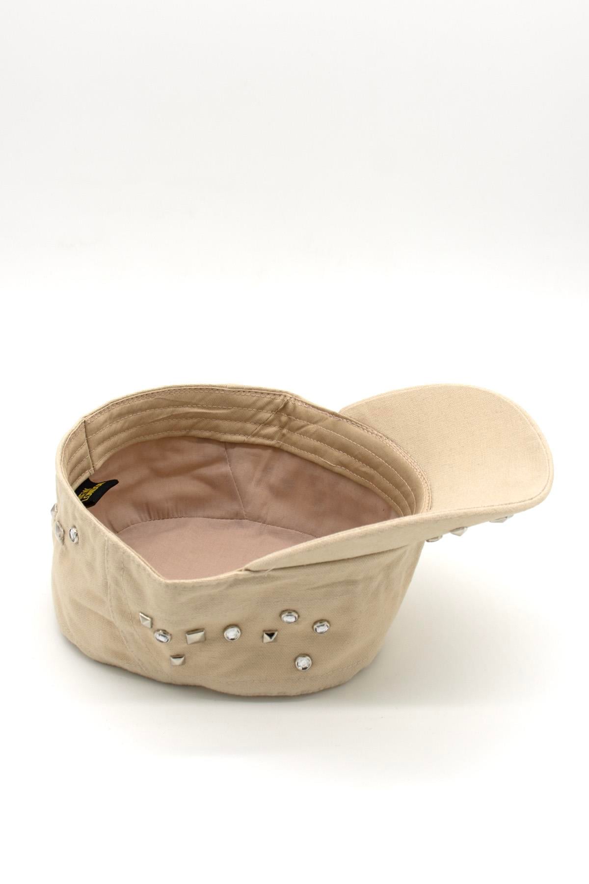 Kadın Asker Stili Bej Taşlı Tasarım Şapka Full Cap 57cm