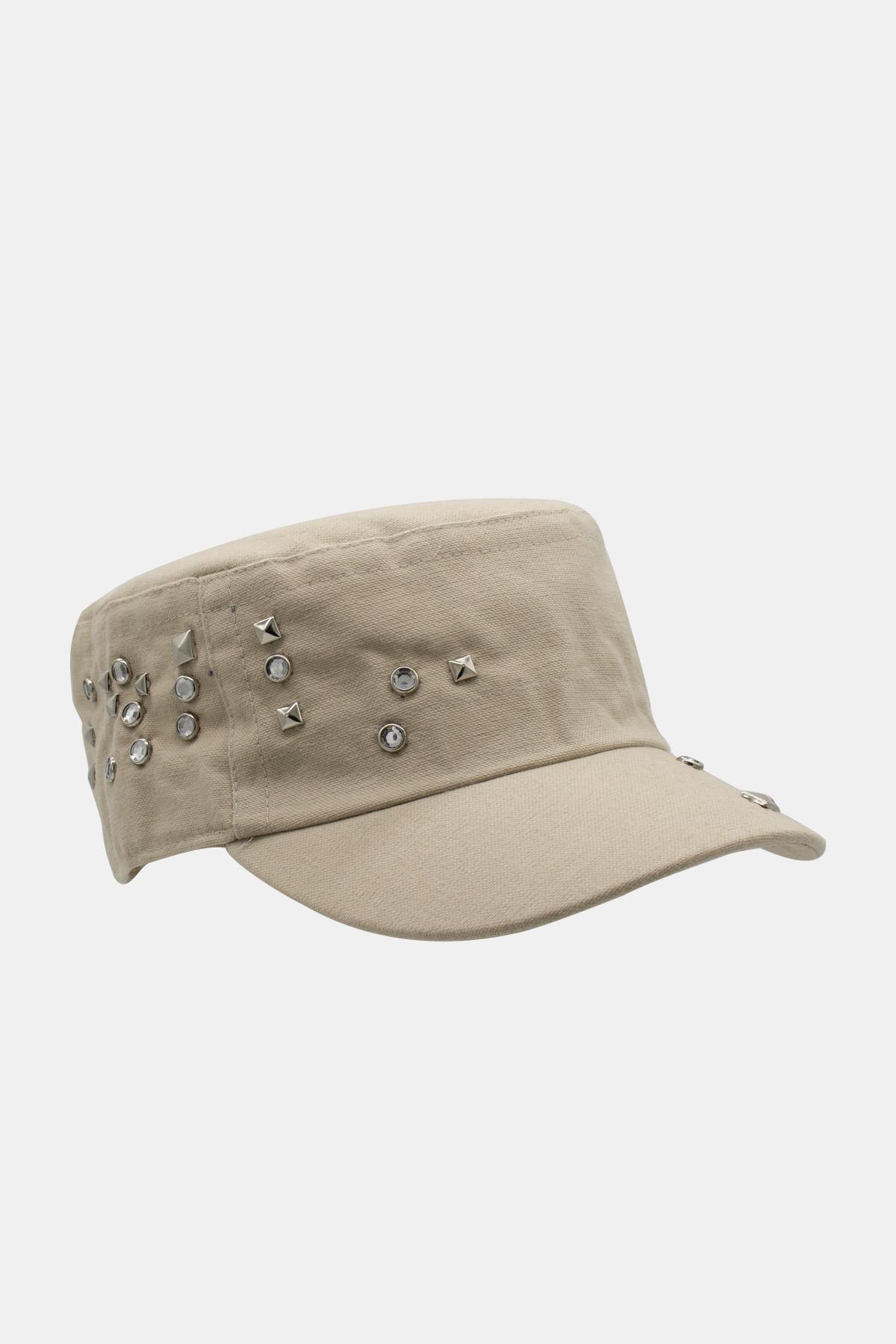 Kadın Asker Stili Bej Taşlı Tasarım Şapka Full Cap 57cm