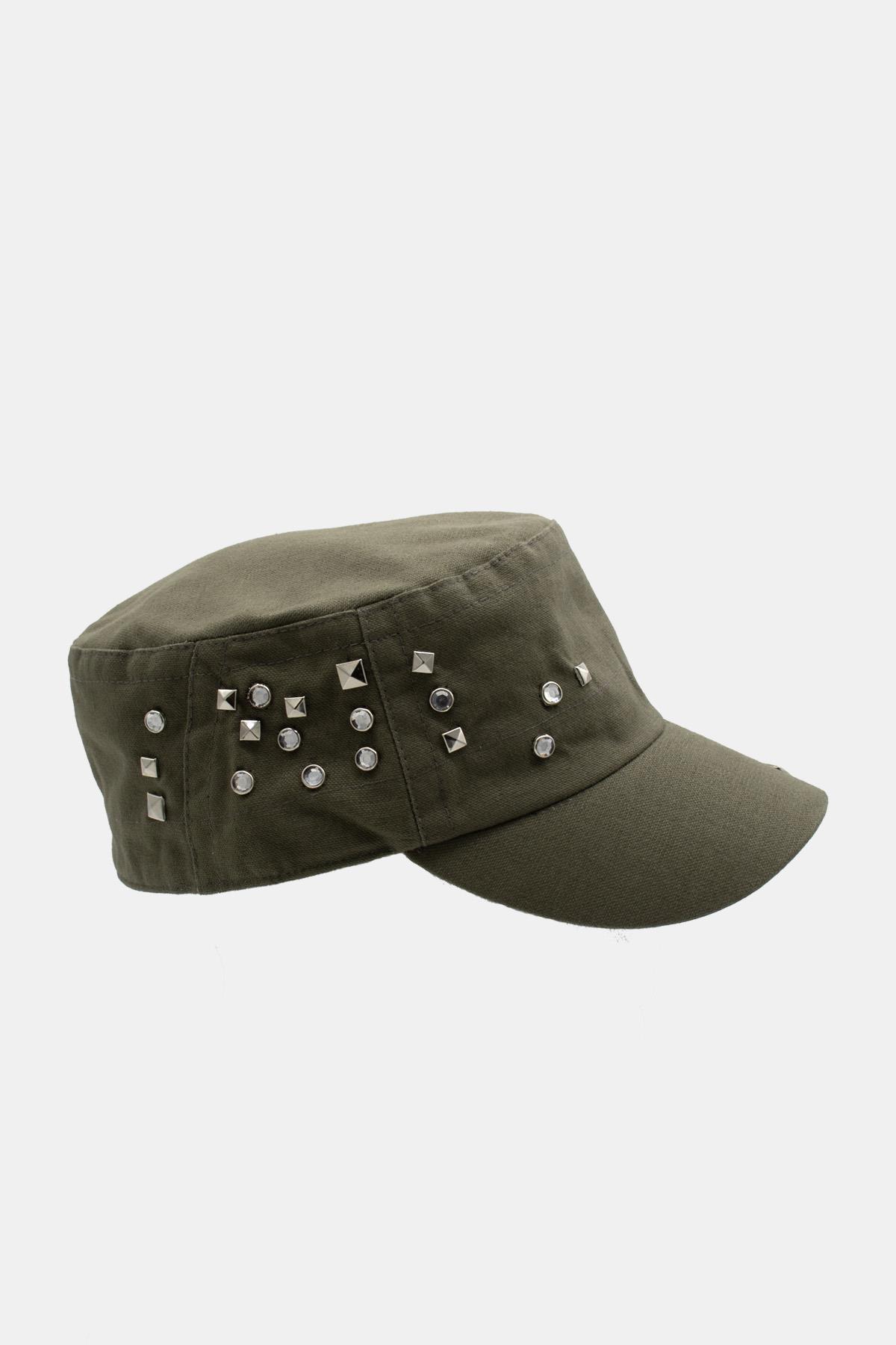 Kadın Asker Stili Haki Taşlı Tasarım Şapka Full Cap 57cm