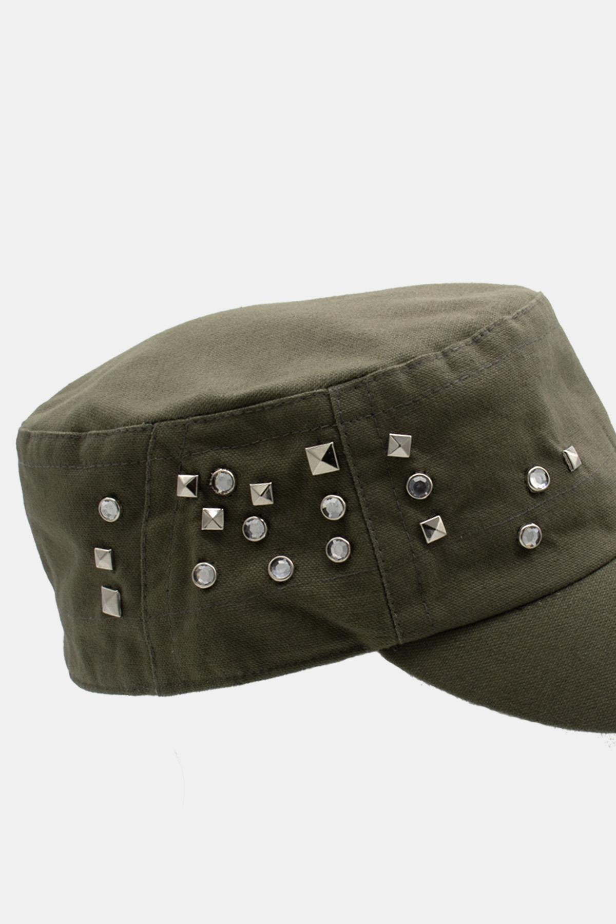 Kadın Asker Stili Haki Taşlı Tasarım Şapka Full Cap 57cm