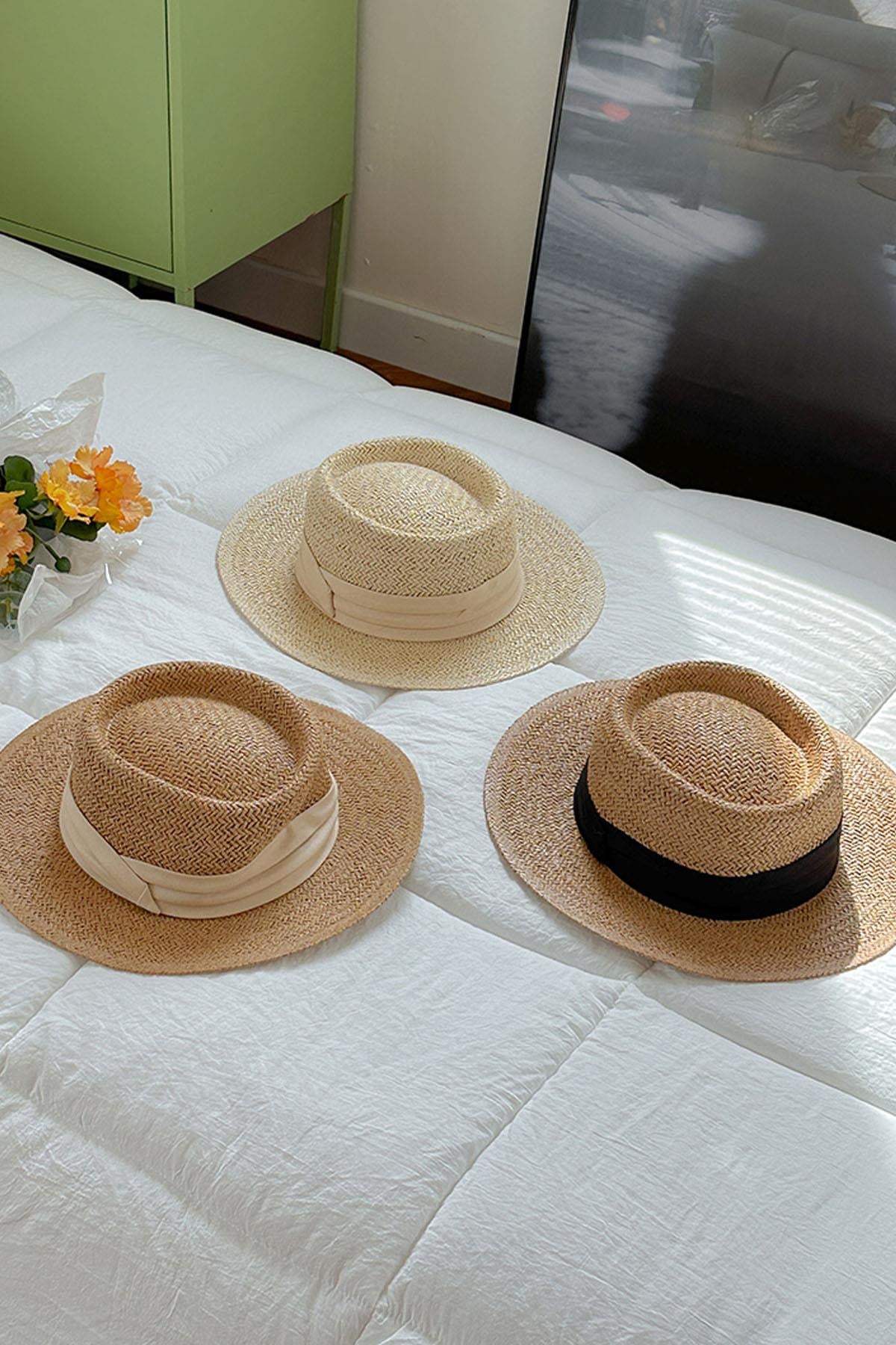 Kadın Ayarlanabilir Hasır Şapka Bej Yumuşak Dokulu Plaj Tatil Şapkası