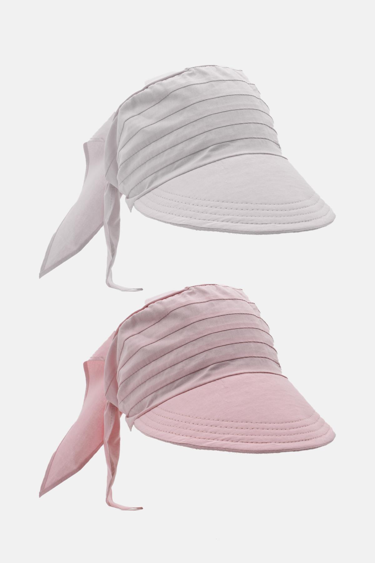 Kadın Bağlamalı Siperli Eşarp Bandana Plaj Şapkası 2li Paket Pembe/Beyaz