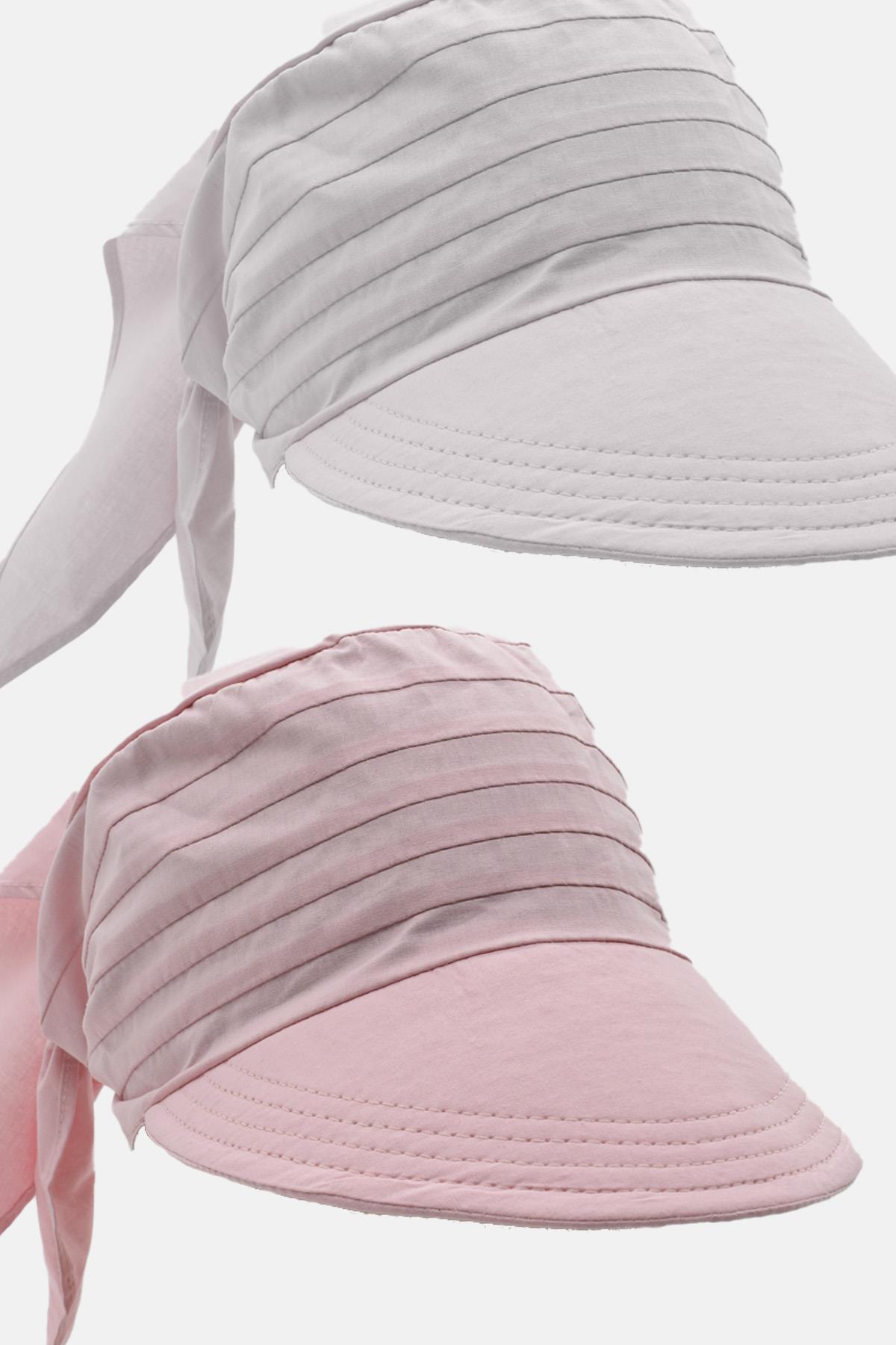 Kadın Bağlamalı Siperli Eşarp Bandana Plaj Şapkası 2li Paket Pembe/Beyaz