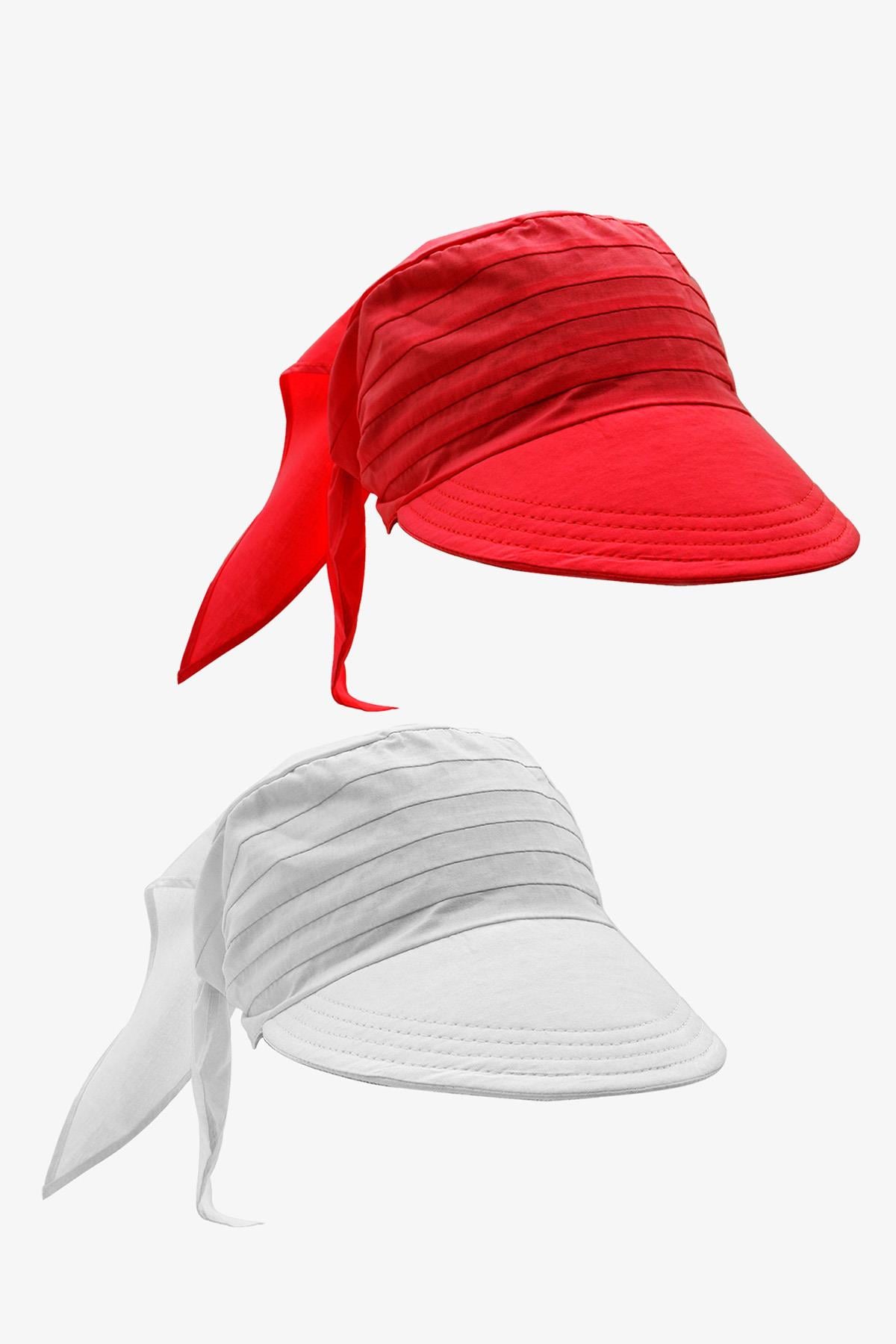 Kadın Bağlamalı Siperli Eşarp Bandana Plaj Şapkası 2li Paket Kırmızı/Beyaz