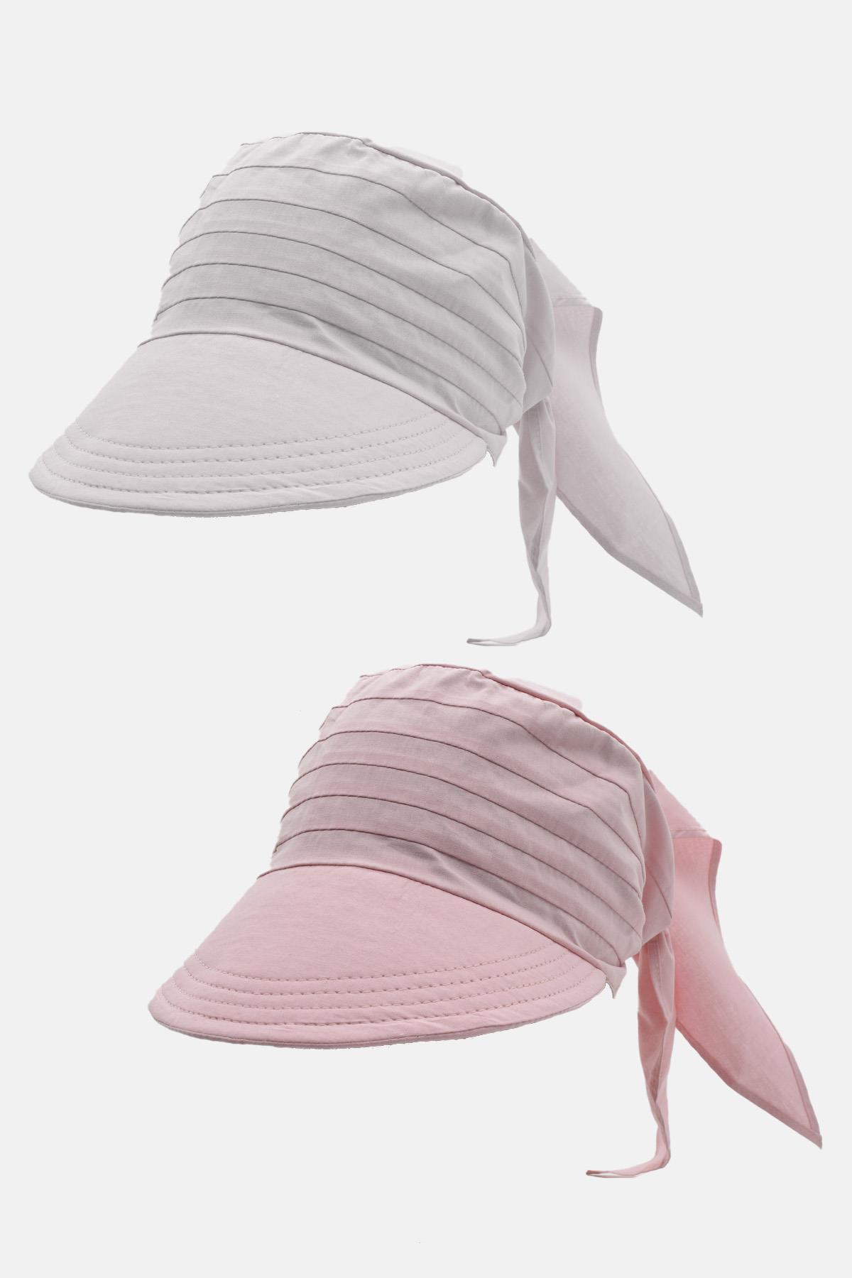 Kadın Bağlamalı Siperli Eşarp Bandana Plaj Şapkası 2li Paket Pembe/Beyaz