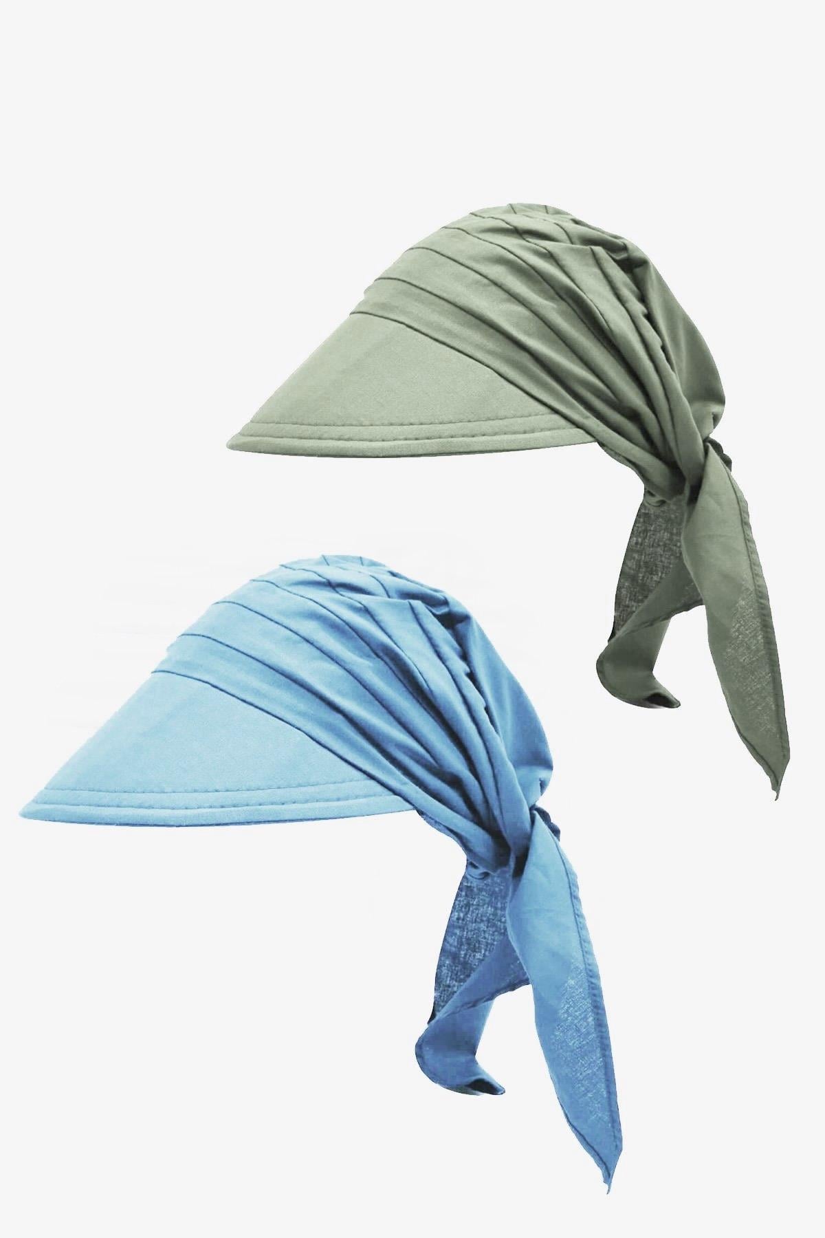 Kadın Bağlamalı Siperli Eşarp Bandana Plaj Şapkası 2li Paket Haki/Mavi