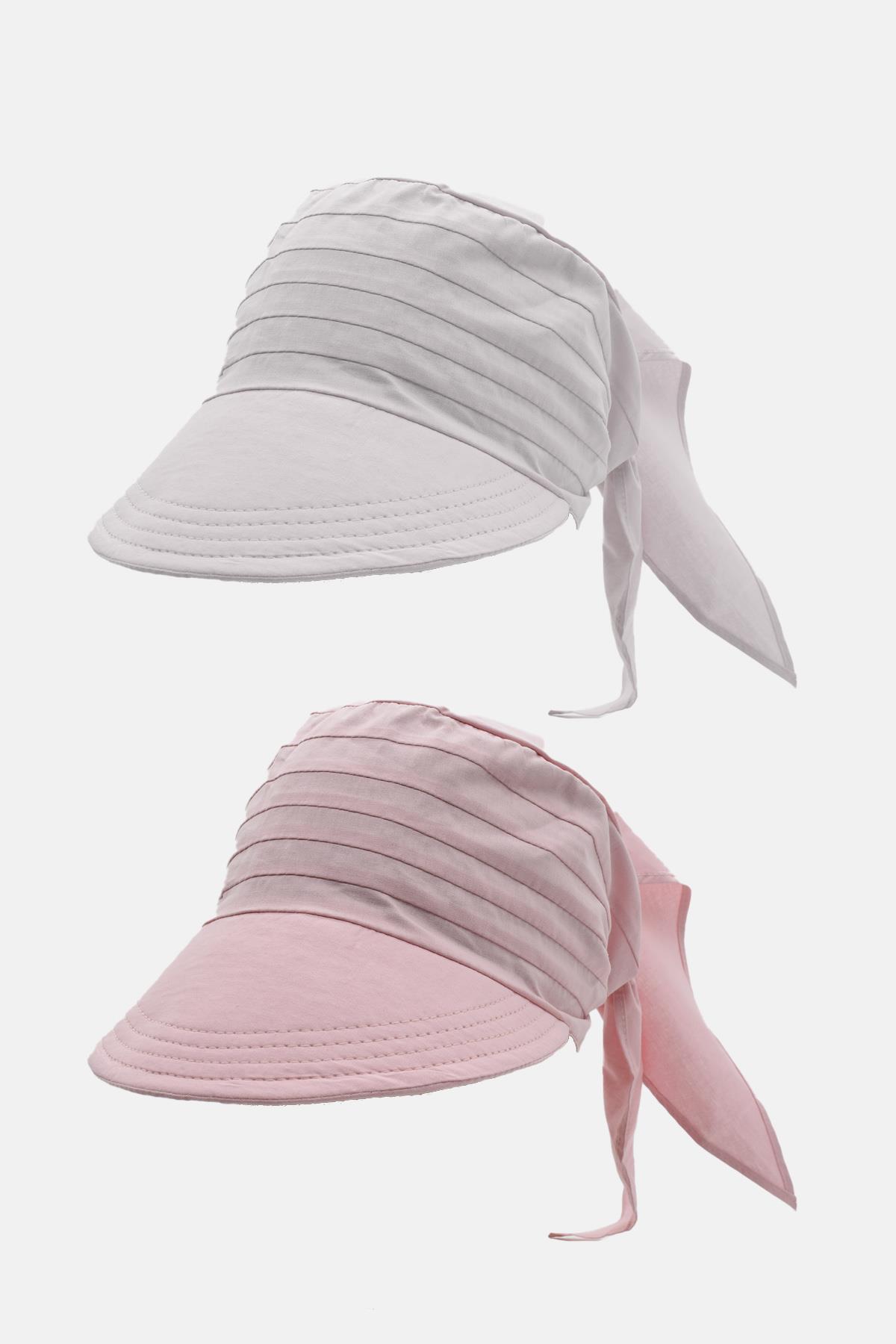 Kadın Bağlamalı Siperli Eşarp Bandana Plaj Şapkası 2li Paket Pembe/Beyaz