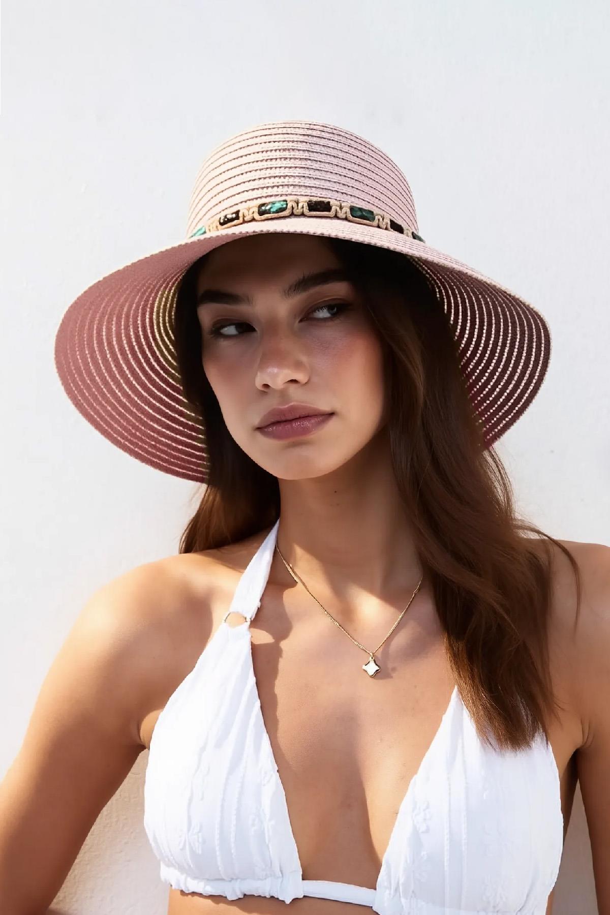 Kadın Boho İşlemeli Hasır Şapka - Pembe