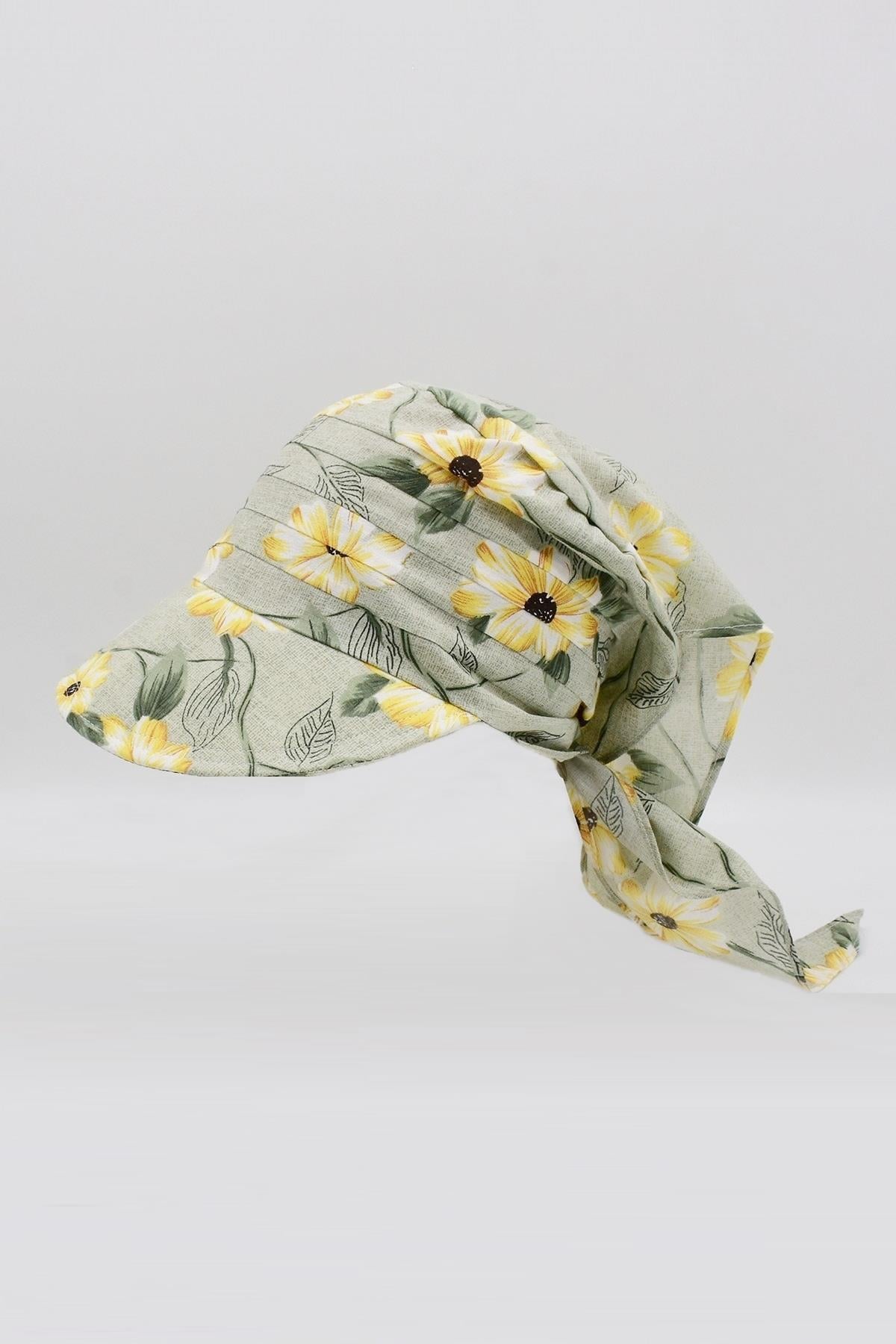 Kadın Çiçek Desen Bağlamalı Eşarp Siperli Bandana Plaj Şapkası